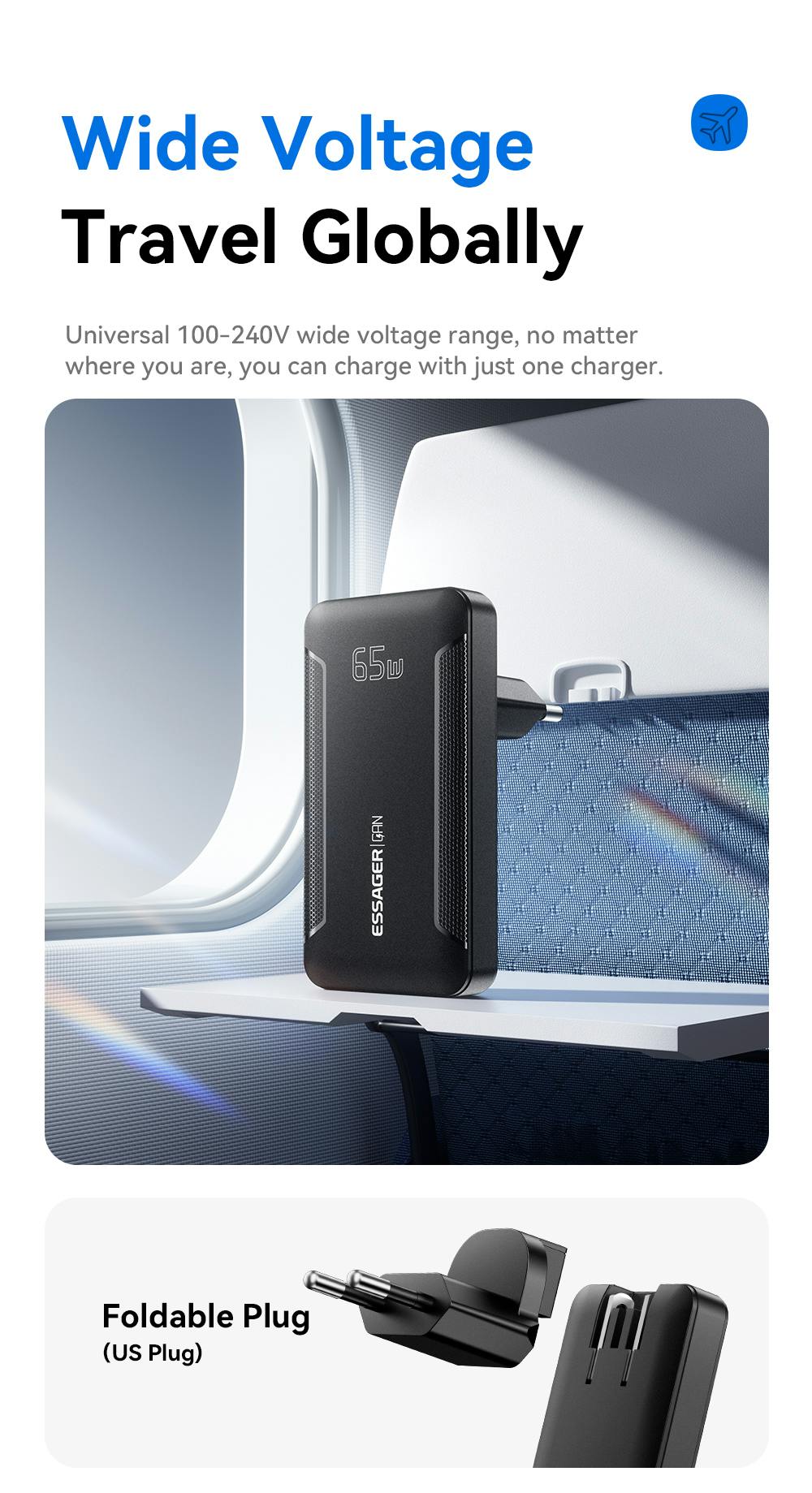 Essager Ultradunne USB-A + USB-C Reislader 65W Zwart