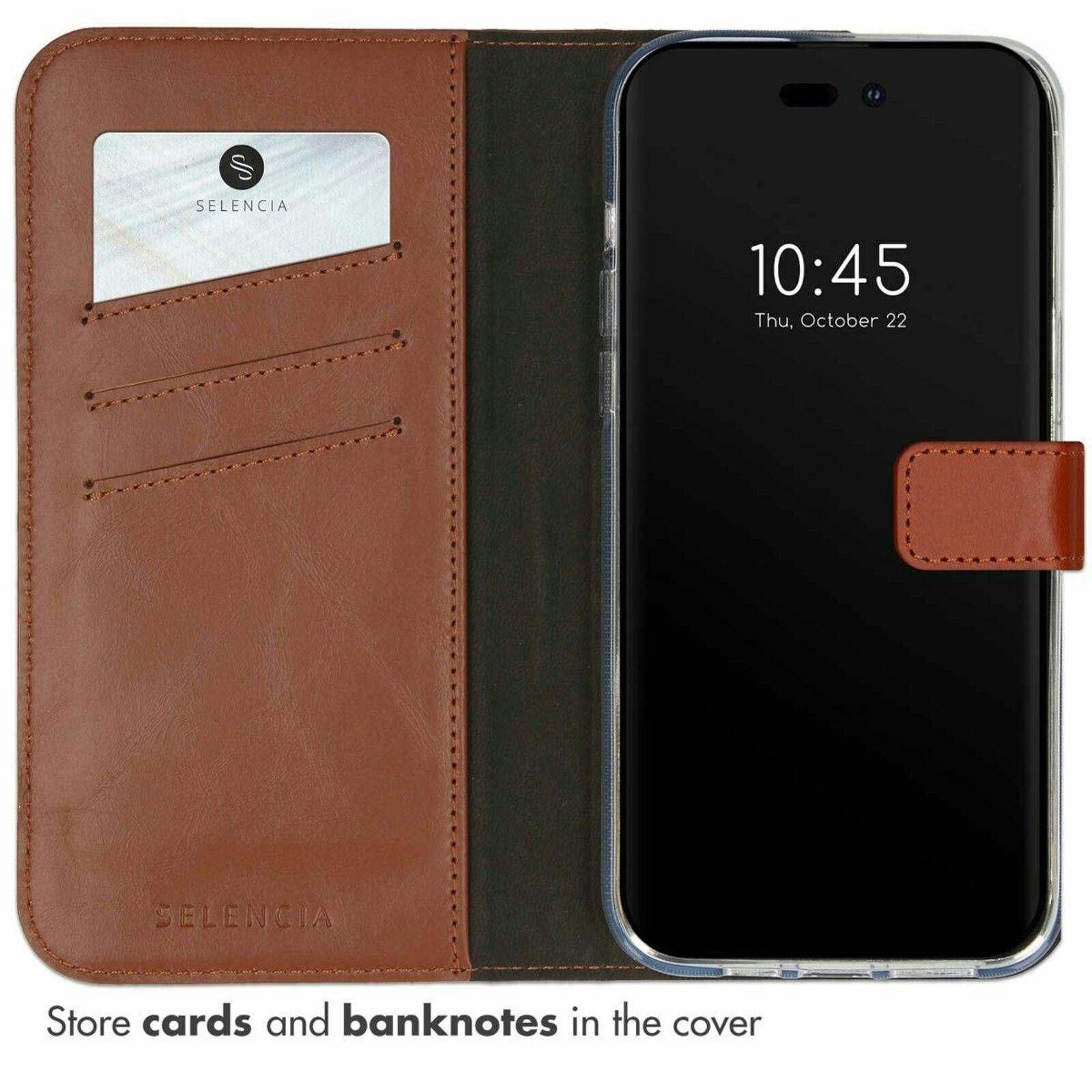 Selencia iPhone 14 Pro Leren Portemonnee Hoesje Lichtbruin