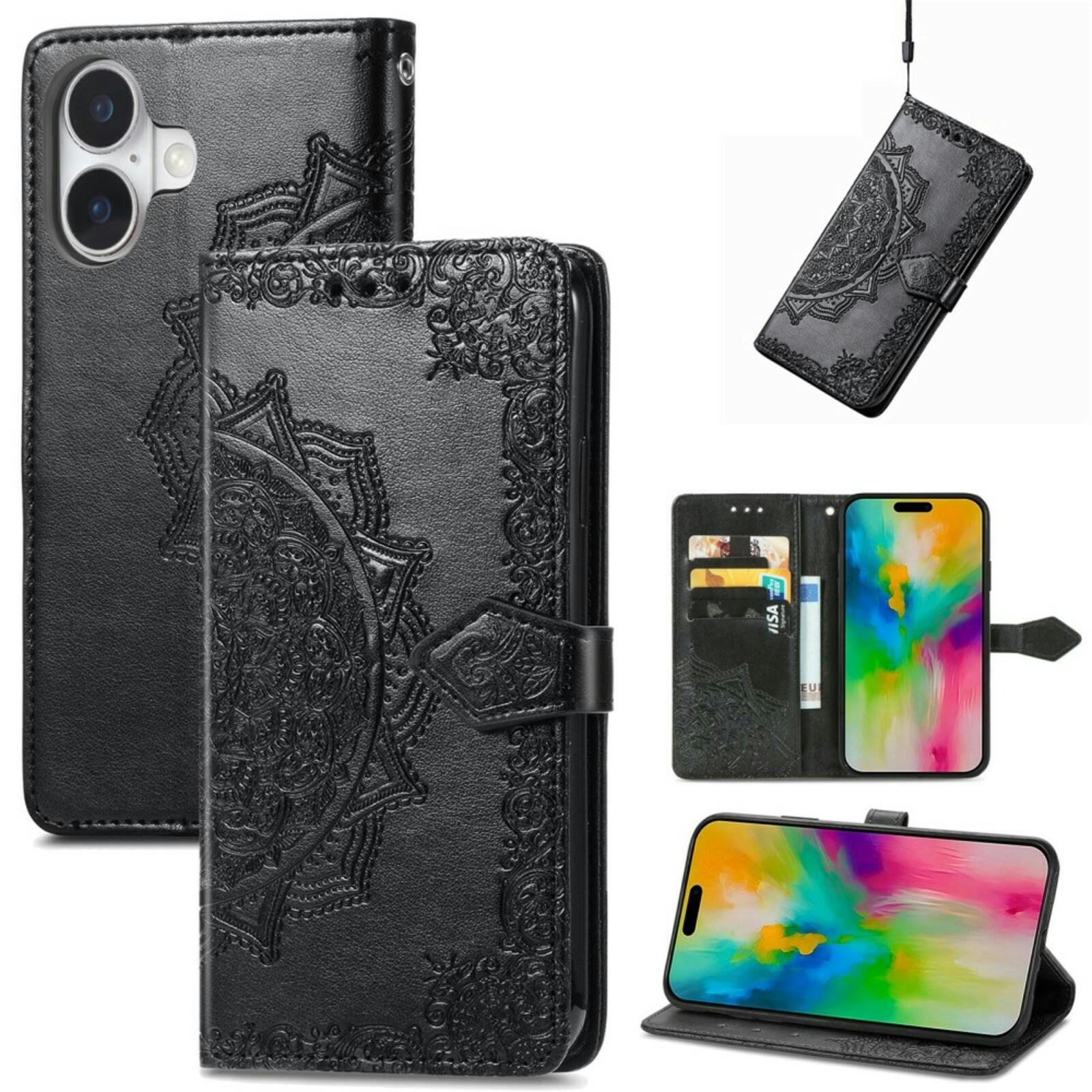 Comfycase iPhone 16 Mandala Booklet Hoesje Zwart