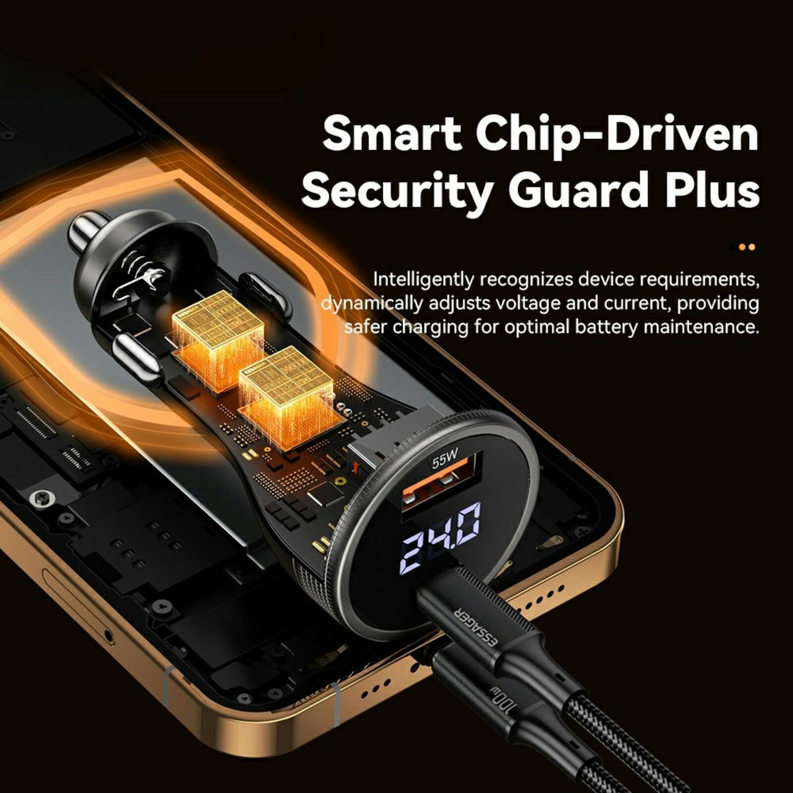 Essager 100W USB-A + USB-C Snellader met Display Zwart