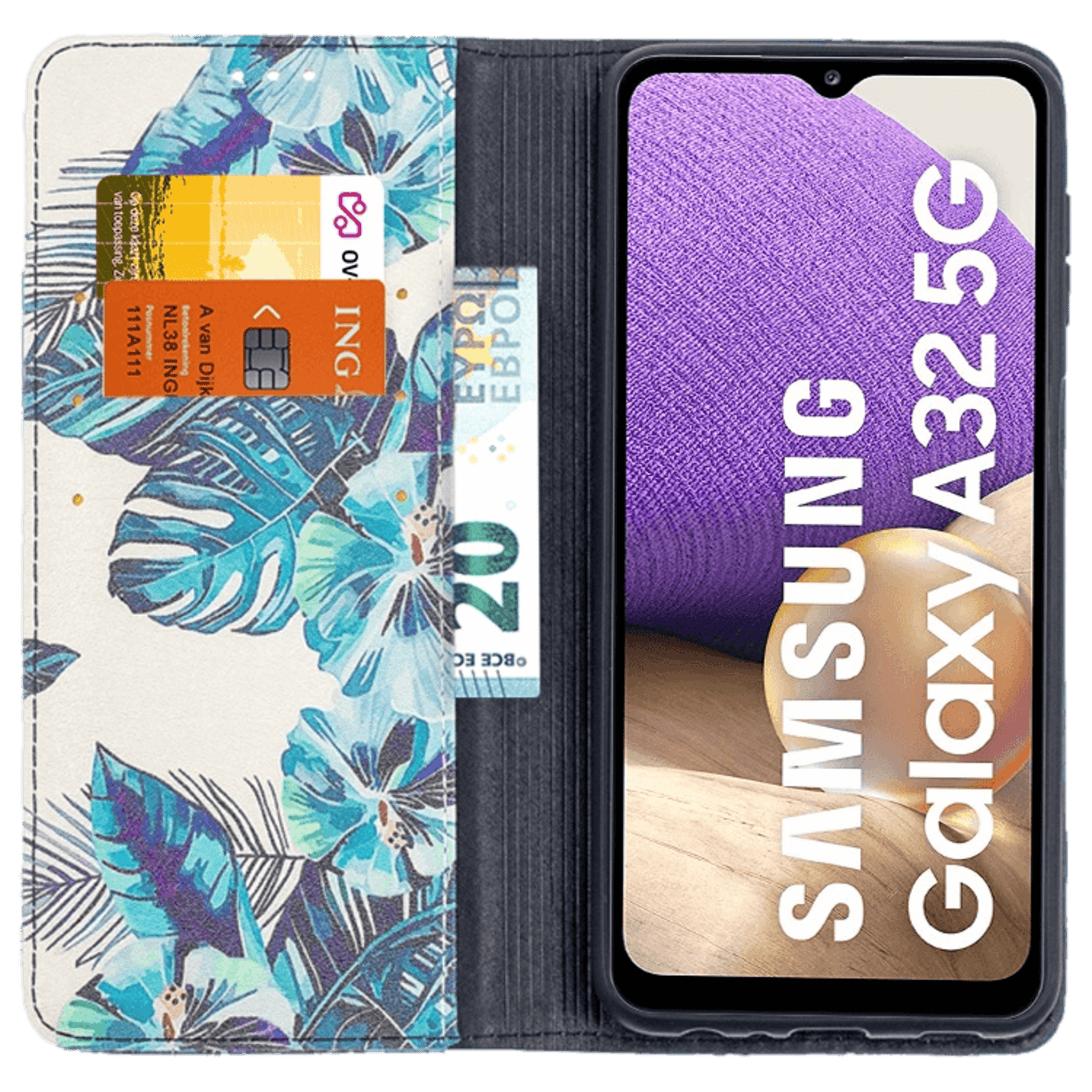 Mocaa Samsung Galaxy A32 blue leaf magnetisch bookcase hoesje Meerkleurig