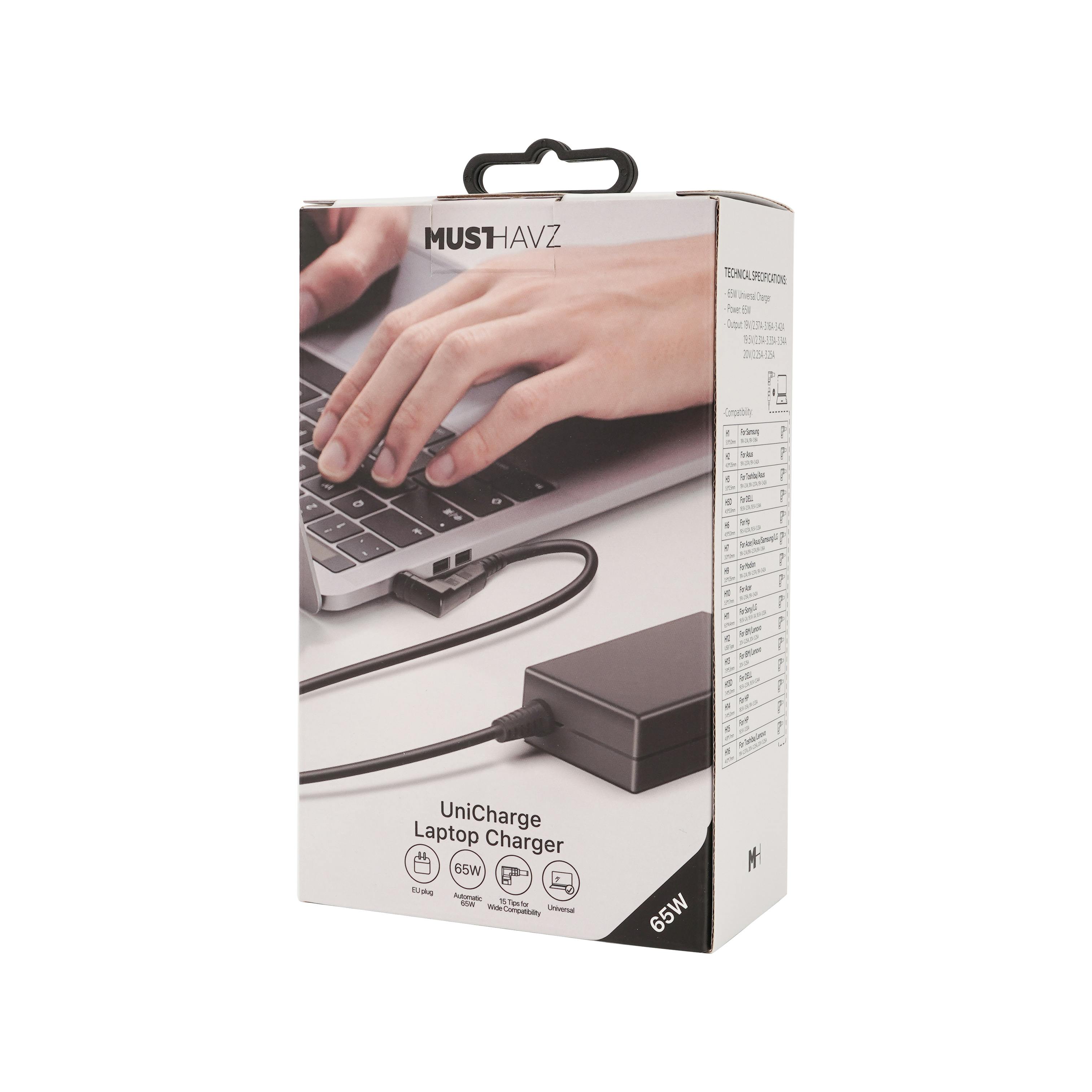 Musthavz UniCharge 65W Laptop Charger met 15 tips Grijs