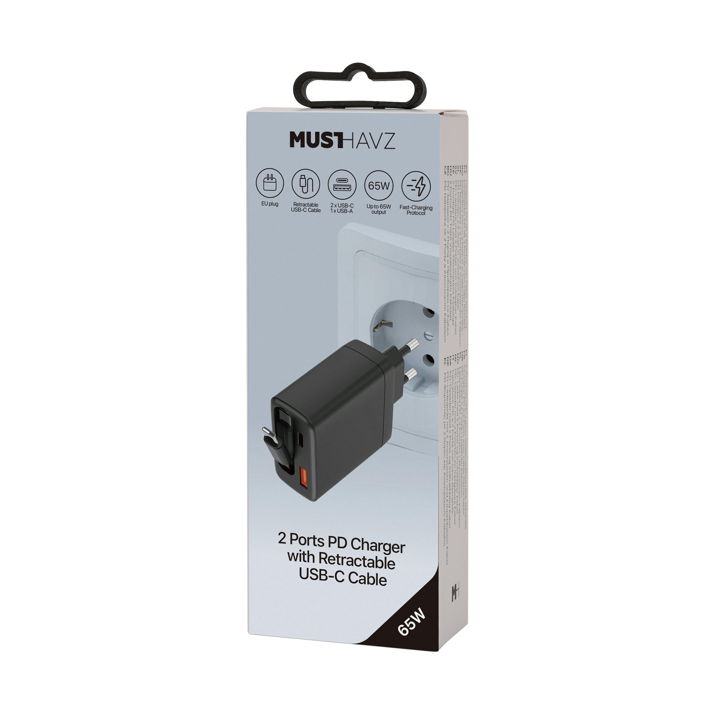 Musthavz 2-Poorts PD Snellader 65W met Uitschuifbare Kabel Zwart