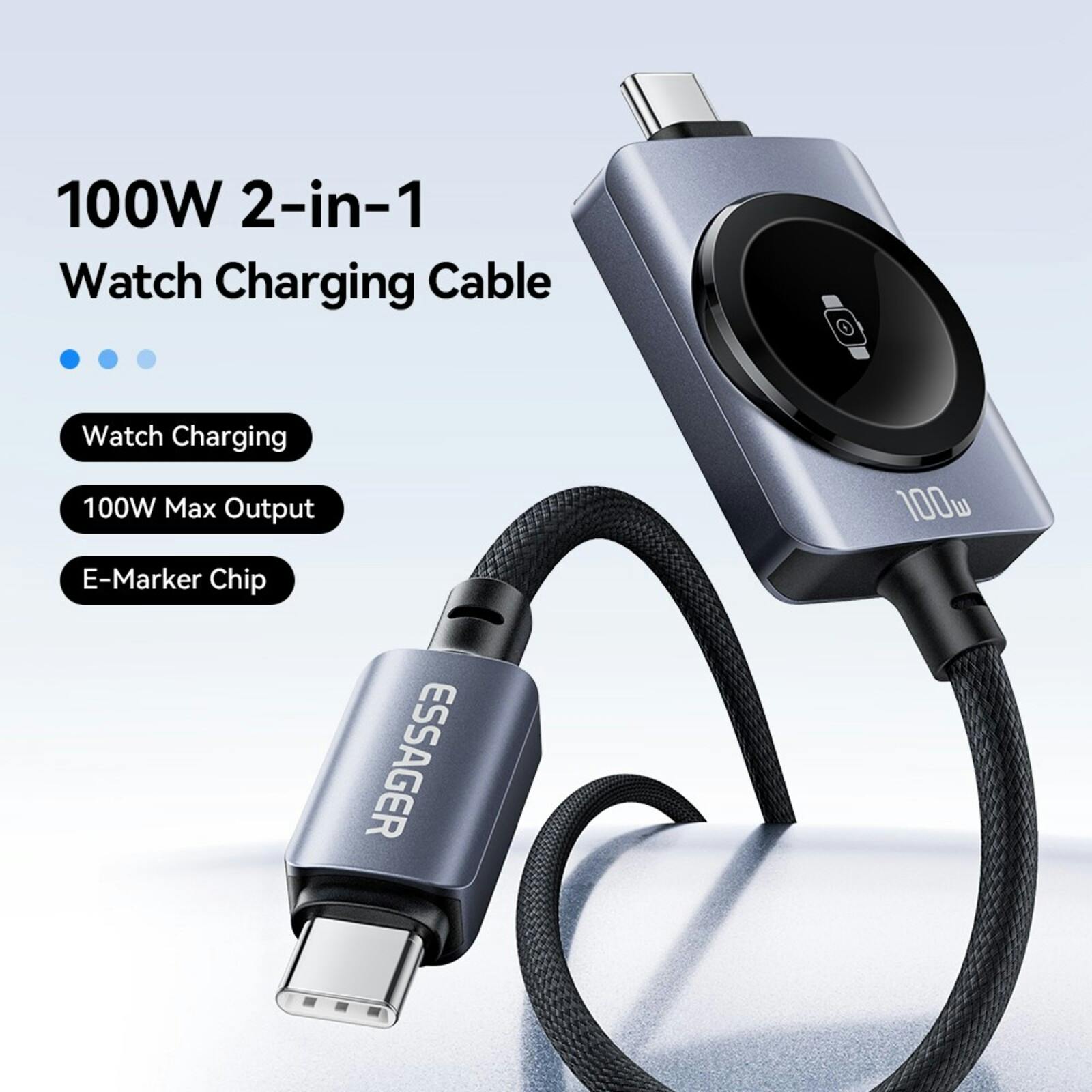 Essager 2-in-1 USB-C naar USB-C Kabel 100W Apple Watch Oplader Zwart