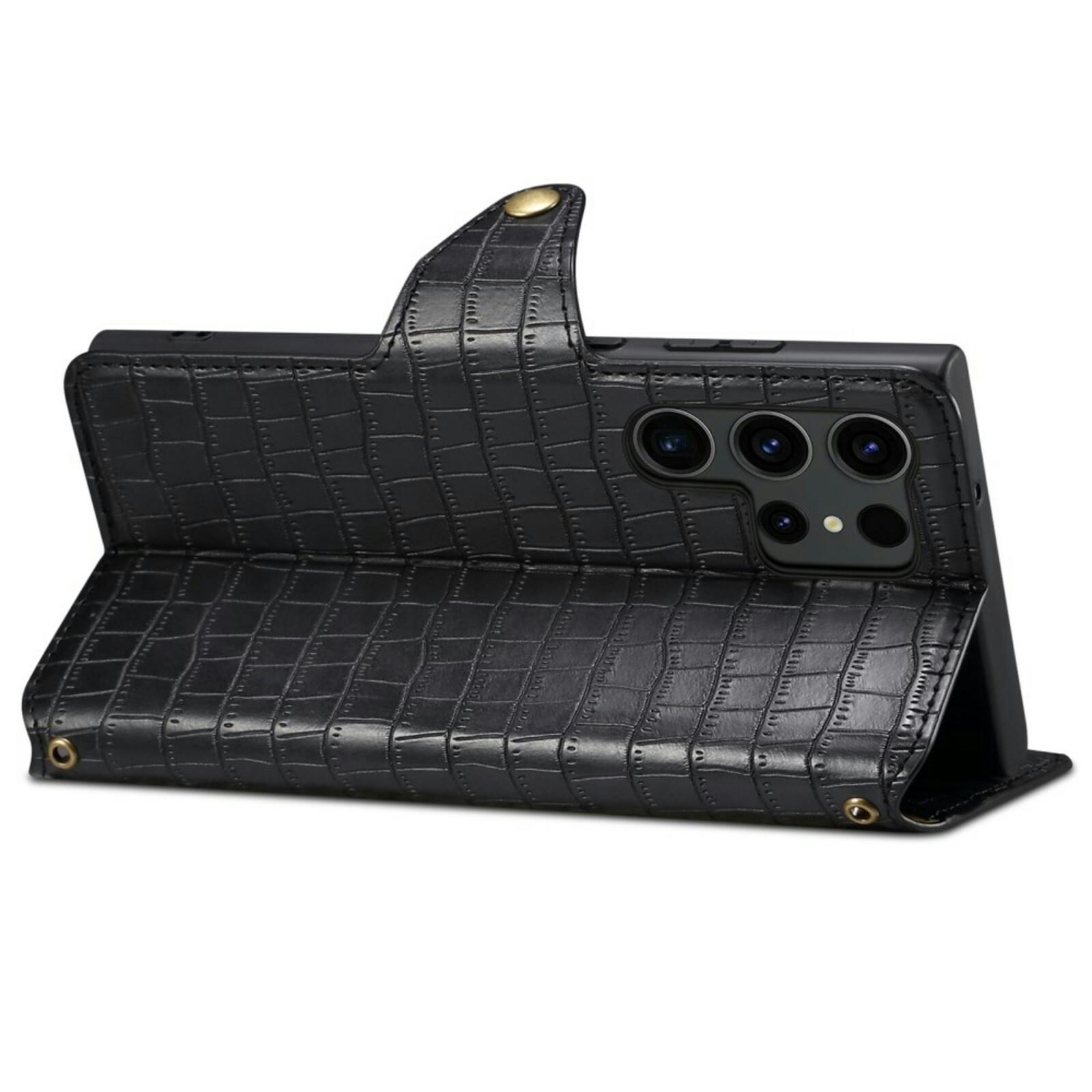 Comfycase Samsung Galaxy S24 Ultra Bookcase Hoesje Krokodillenleer Zwart