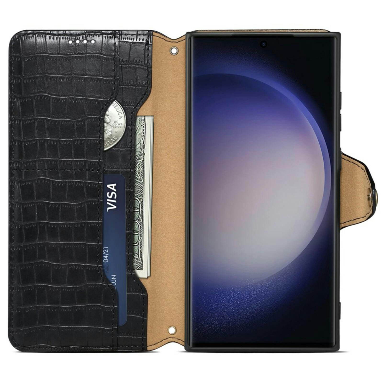 Comfycase Samsung Galaxy S24 Ultra Bookcase Hoesje Krokodillenleer Zwart