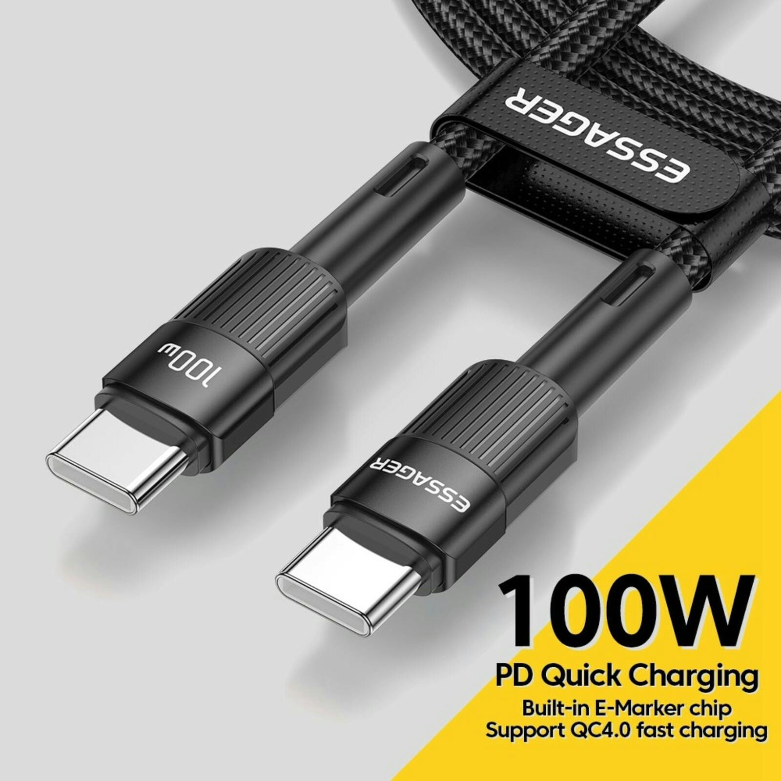 Essager Power Delivery Gewoven Oplaad en Datakabel USB-C naar USB-C Zwart 2m