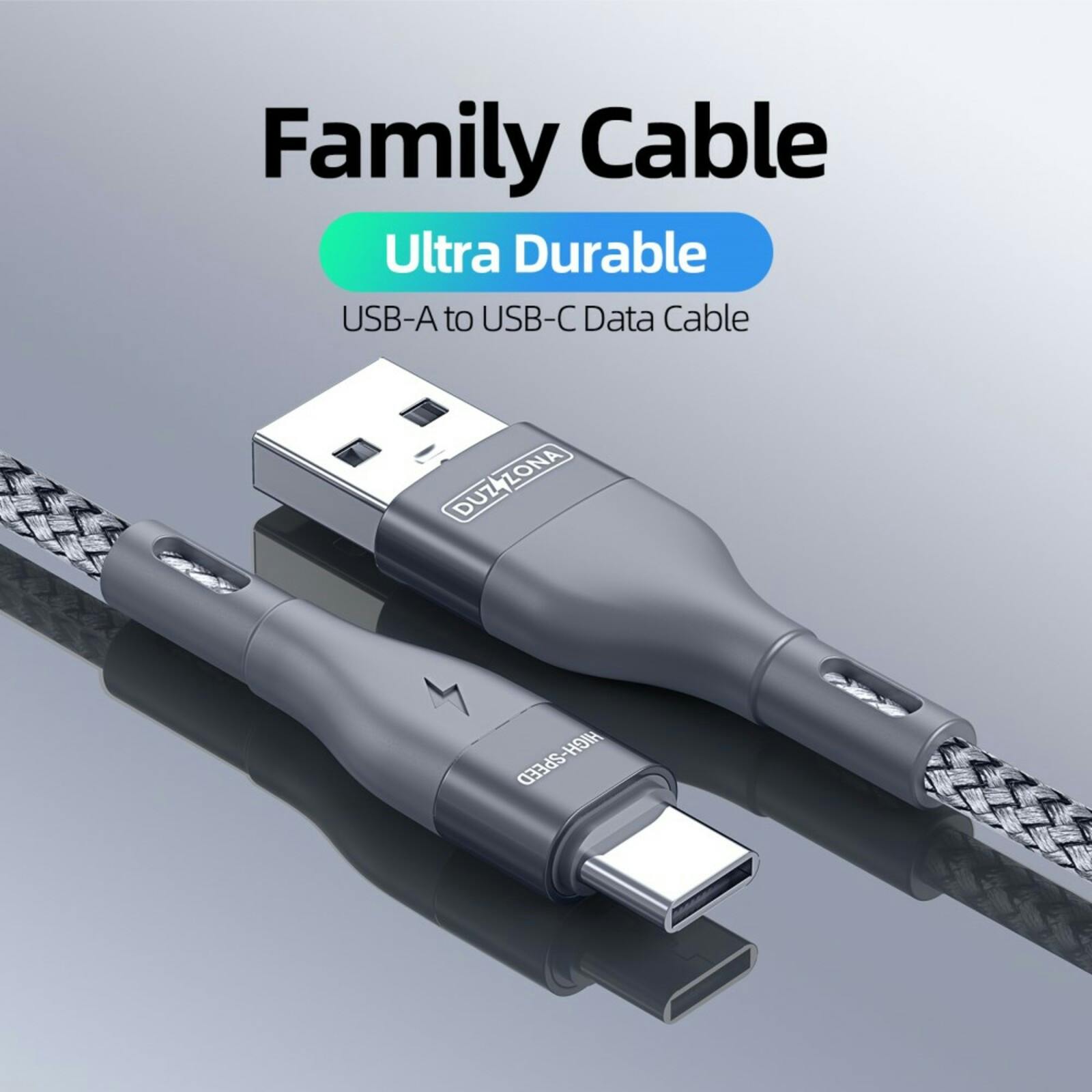 Duzzona Gewoven USB-A naar USB-C High Speed Oplaad + Datakabel Grijs 2m