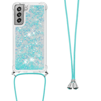 Mocaa Samsung Galaxy S21 FE Valbestendig Glitter Hoesje met Koord Blauw