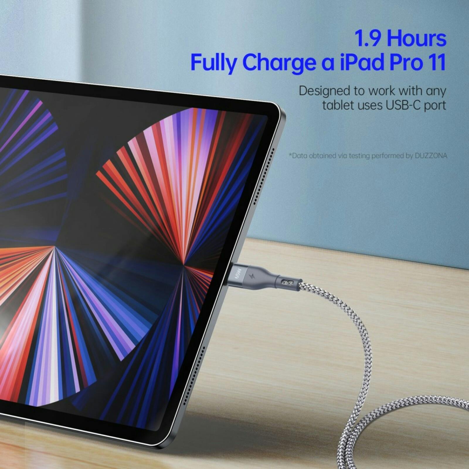 Duzzona 65W Power Delivery Datakabel USB-C naar USB-C Grijs 1m