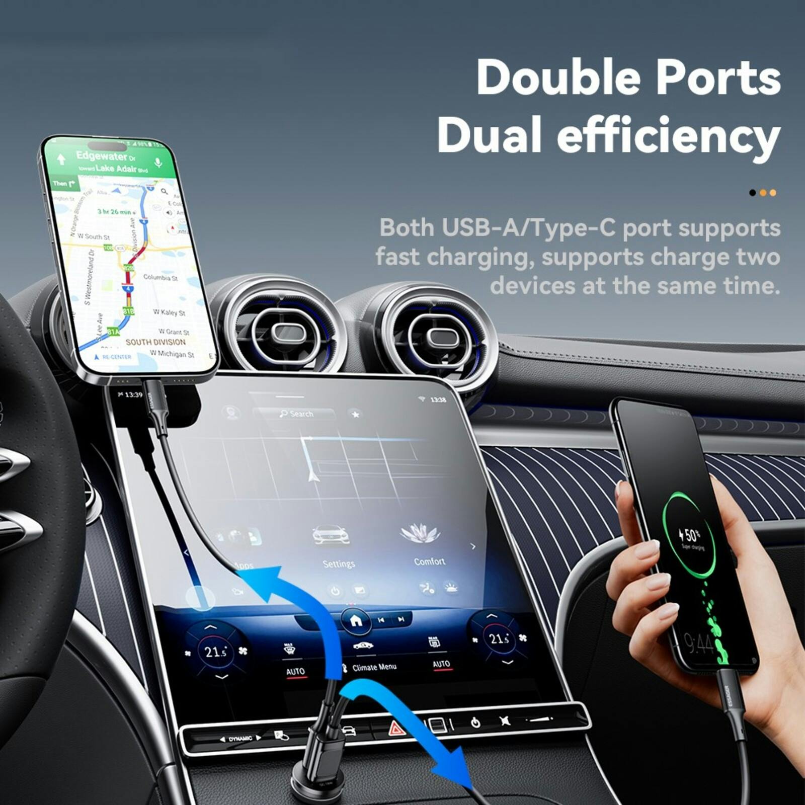 Essager 45W Dual Port Autolader Zwart