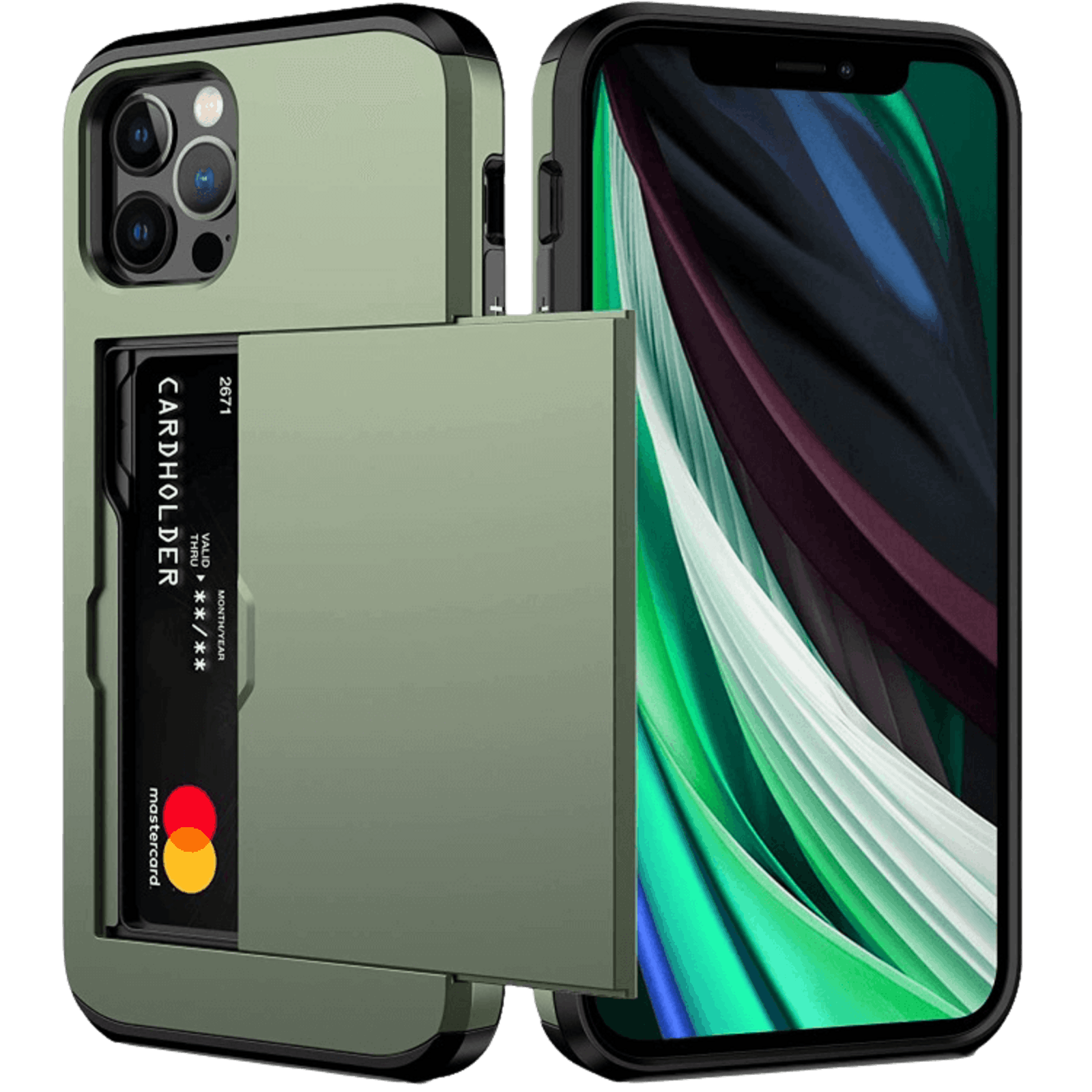 Slide Case iPhone 12 (Pro) Hoesje met Pashouder Groen