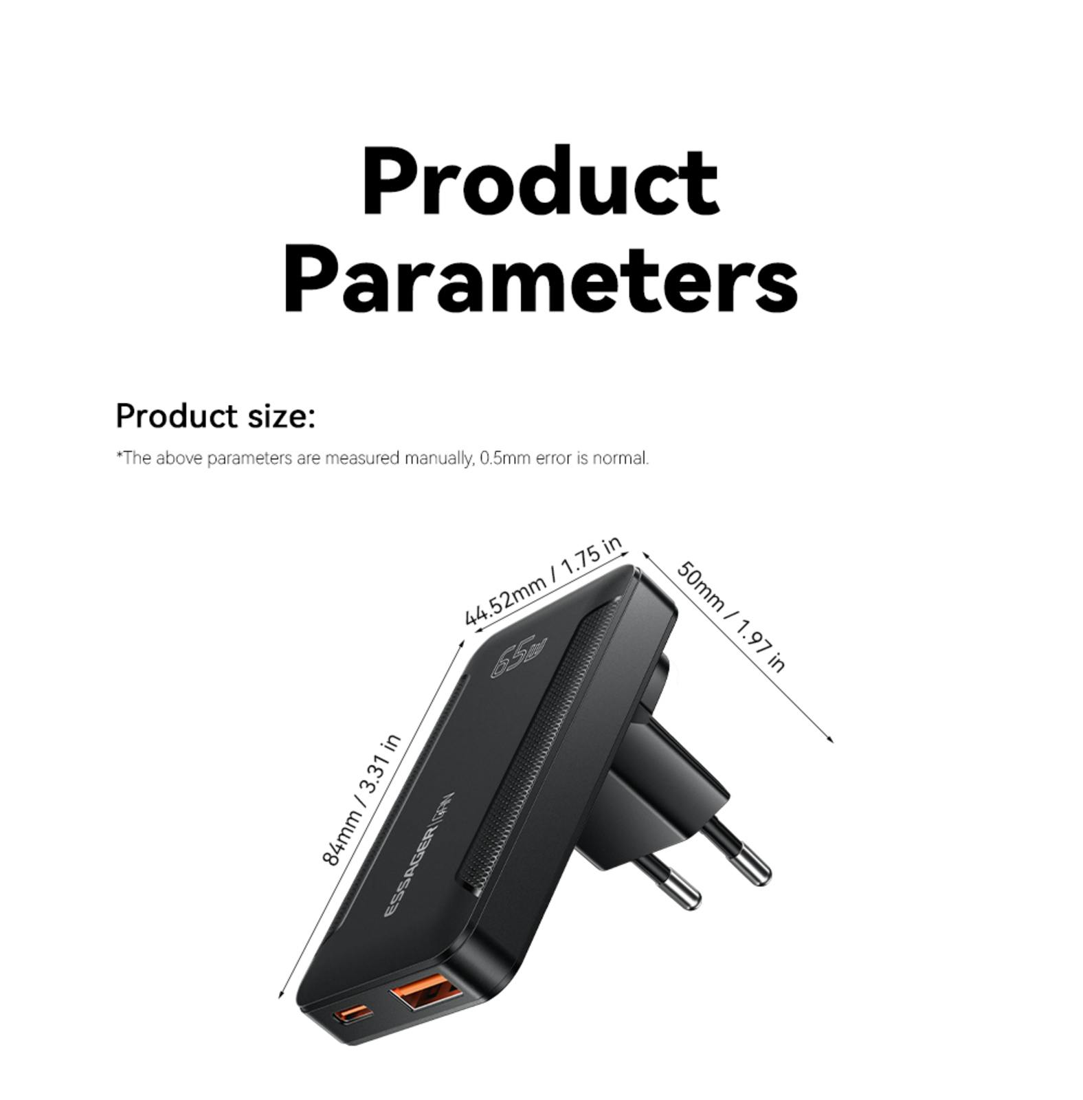 Essager Ultradunne USB-A + USB-C Reislader 65W Zwart