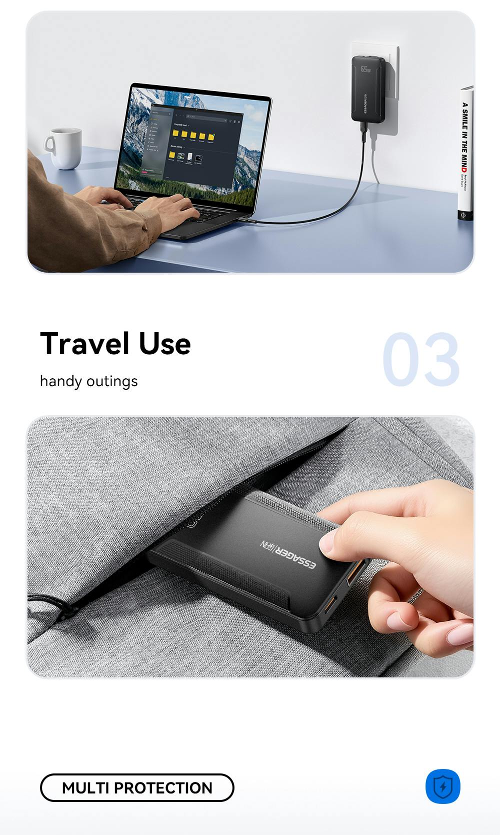 Essager Ultradunne USB-A + USB-C Reislader 65W Zwart