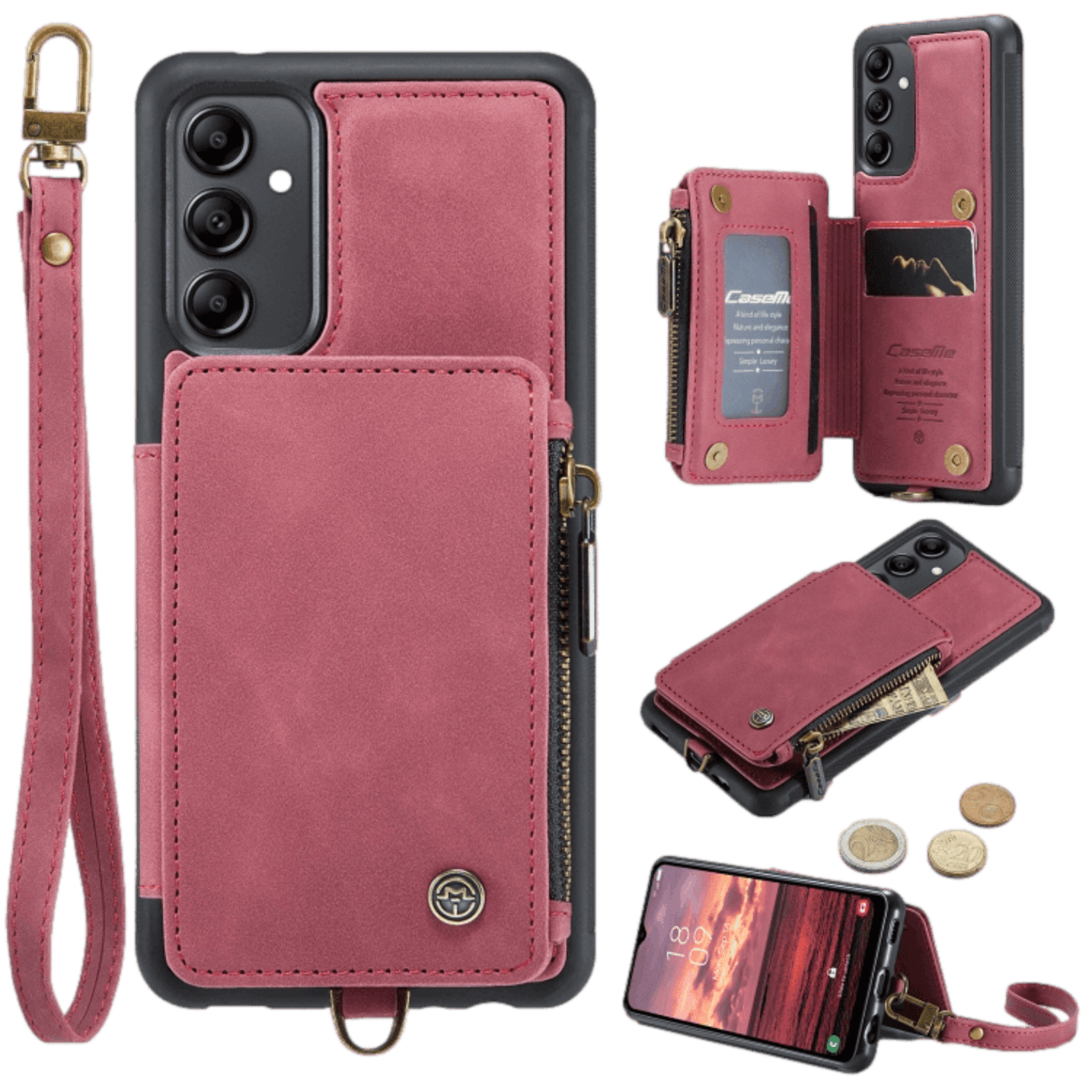 Caseme Samsung A14 Zipper Pocket Wallet Hoesje Rood