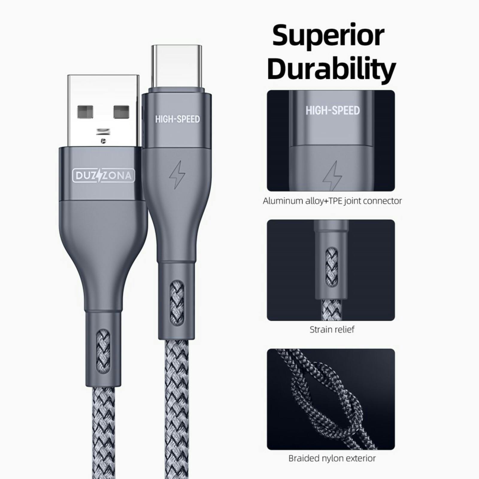 Duzzona Gewoven USB-A naar USB-C High Speed Oplaad + Datakabel Grijs 2m