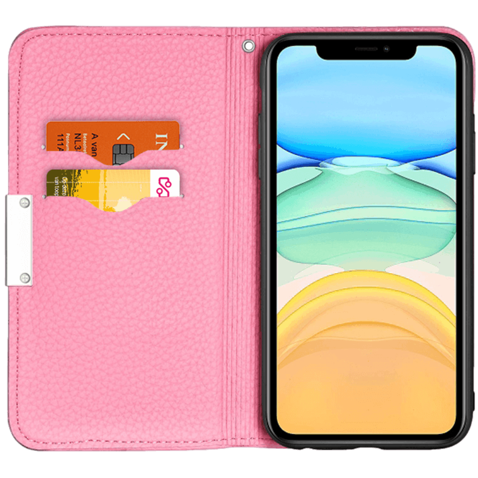 Mocaa iPhone 12 Mini Litchi Mini Wallet Hoesje Roze