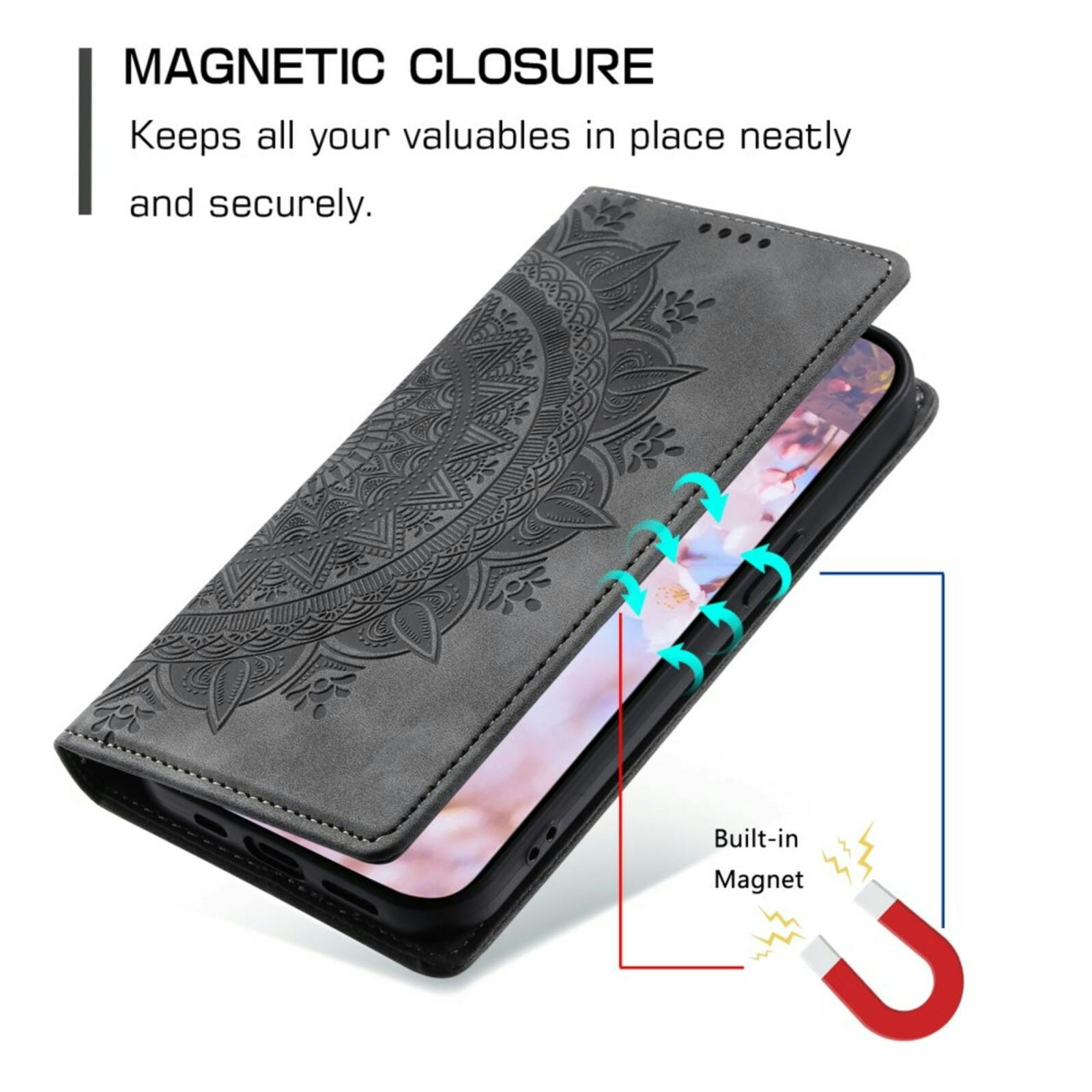 Comfycase Samsung Galaxy A55 Zacht Mandala Book Hoesje Grijs