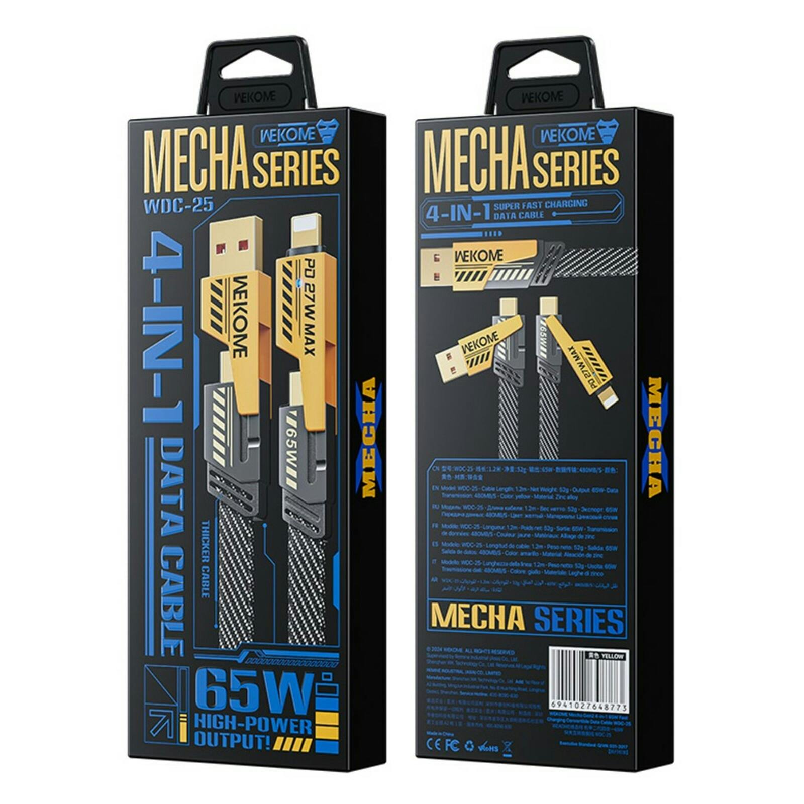 Wekome Mecha Series 65W 4-in-1 Super Fast Charging Data Cable Zwartgeel 1.2 Meter