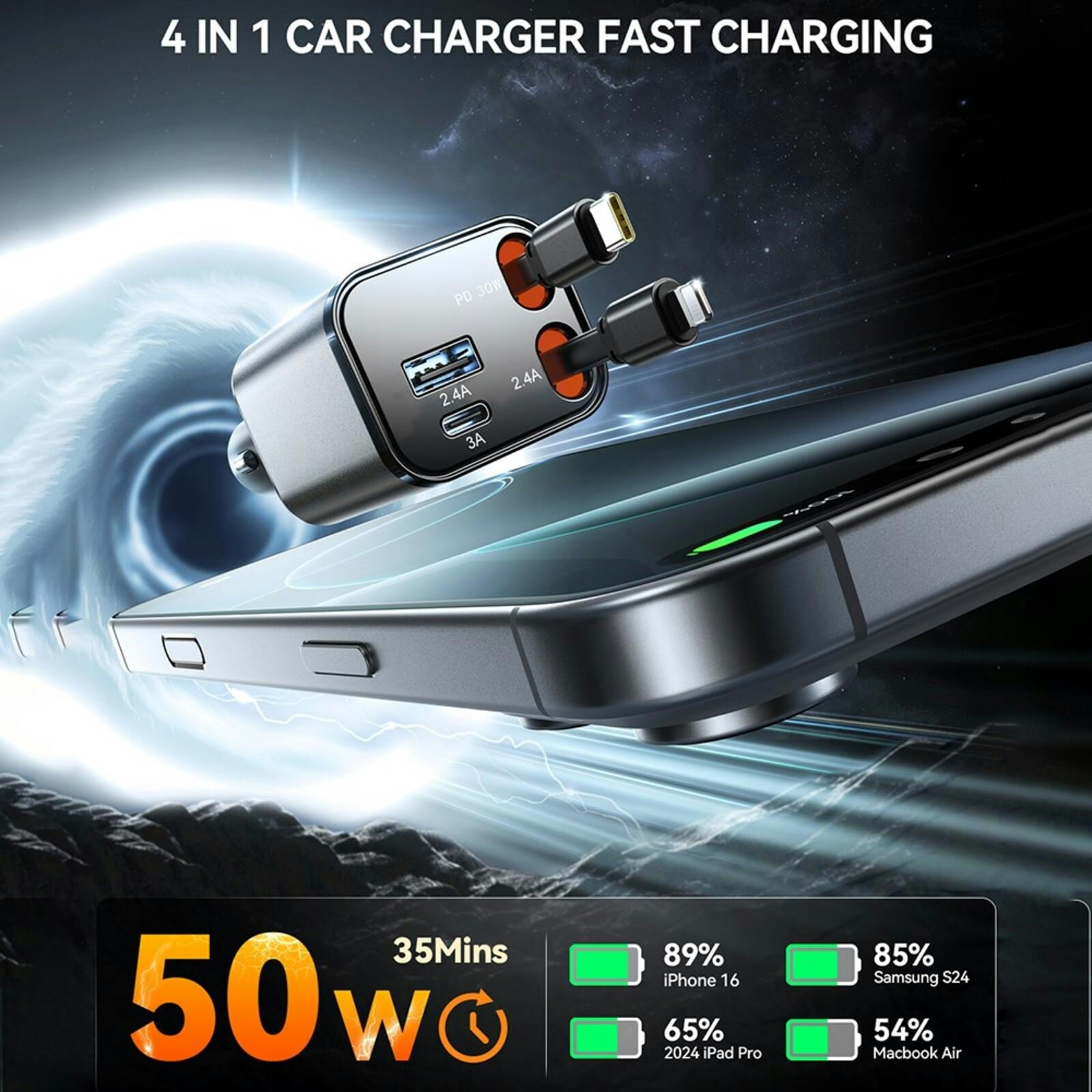 Joyroom 50W 4 in 1 Car Charger met Kabels Zwart