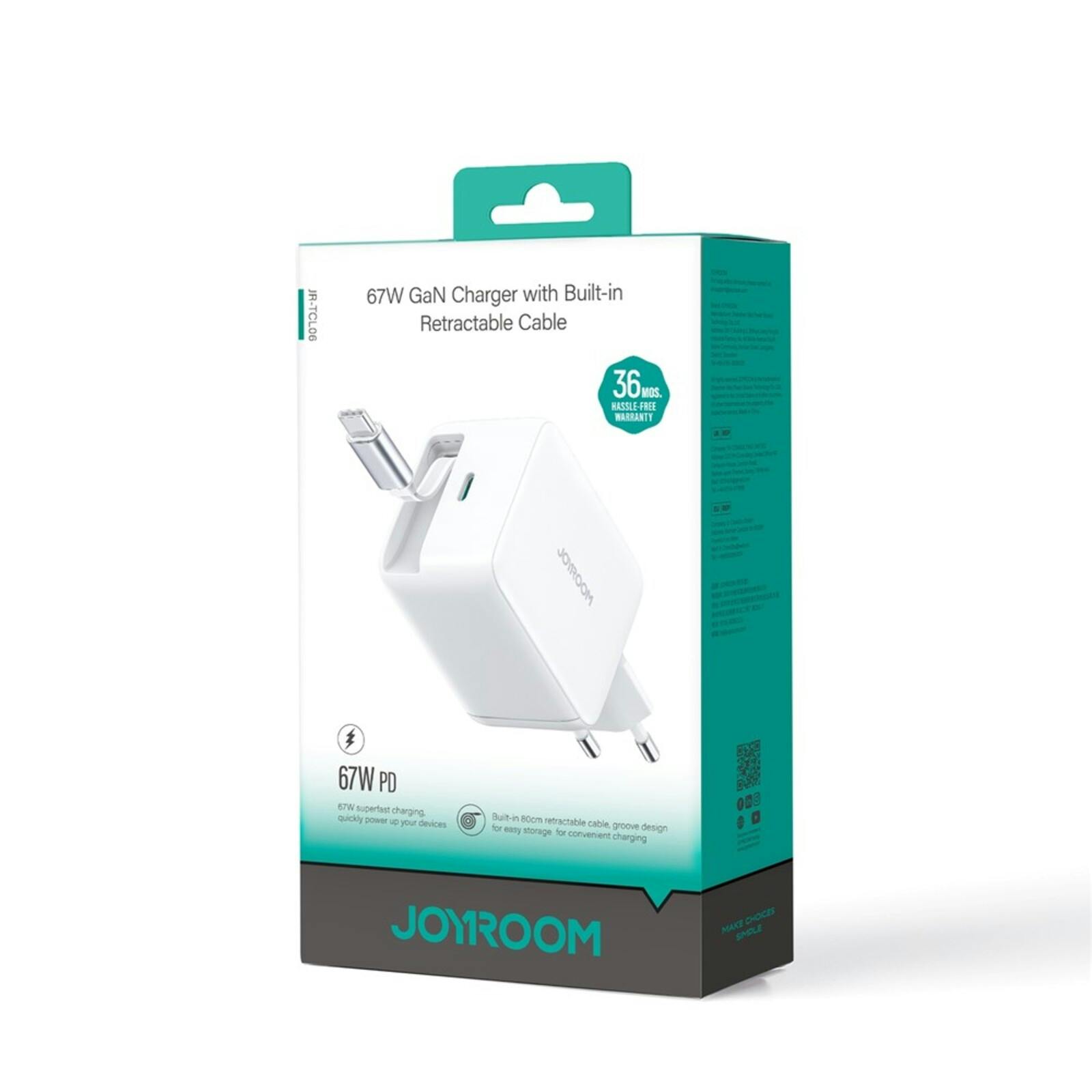 Joyroom 67W Fast Charging GaN Oplader met Ingebouwde Kabel Wit