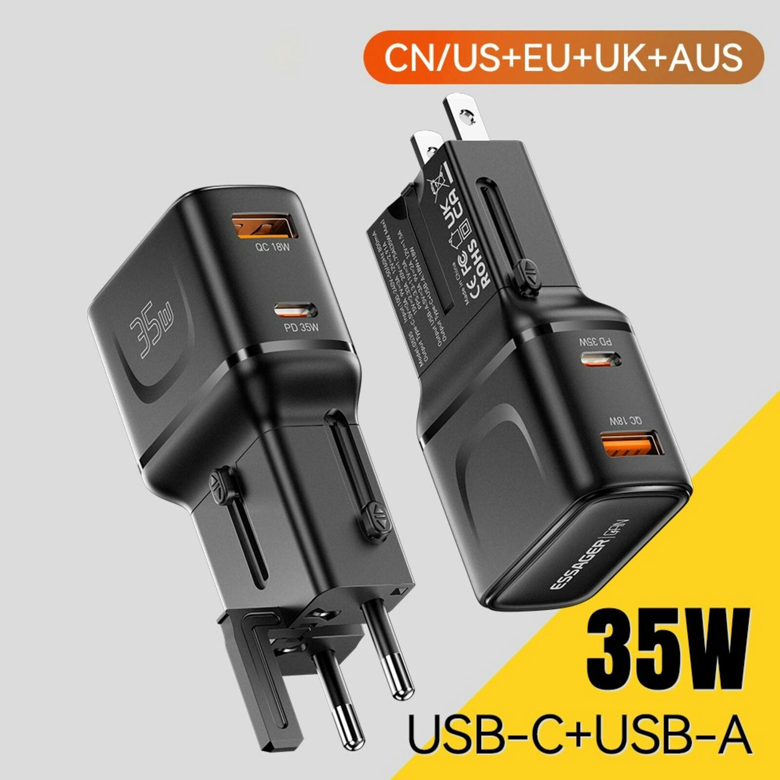 Essager 35W USB-A + USB-C Wereldstekker Zwart