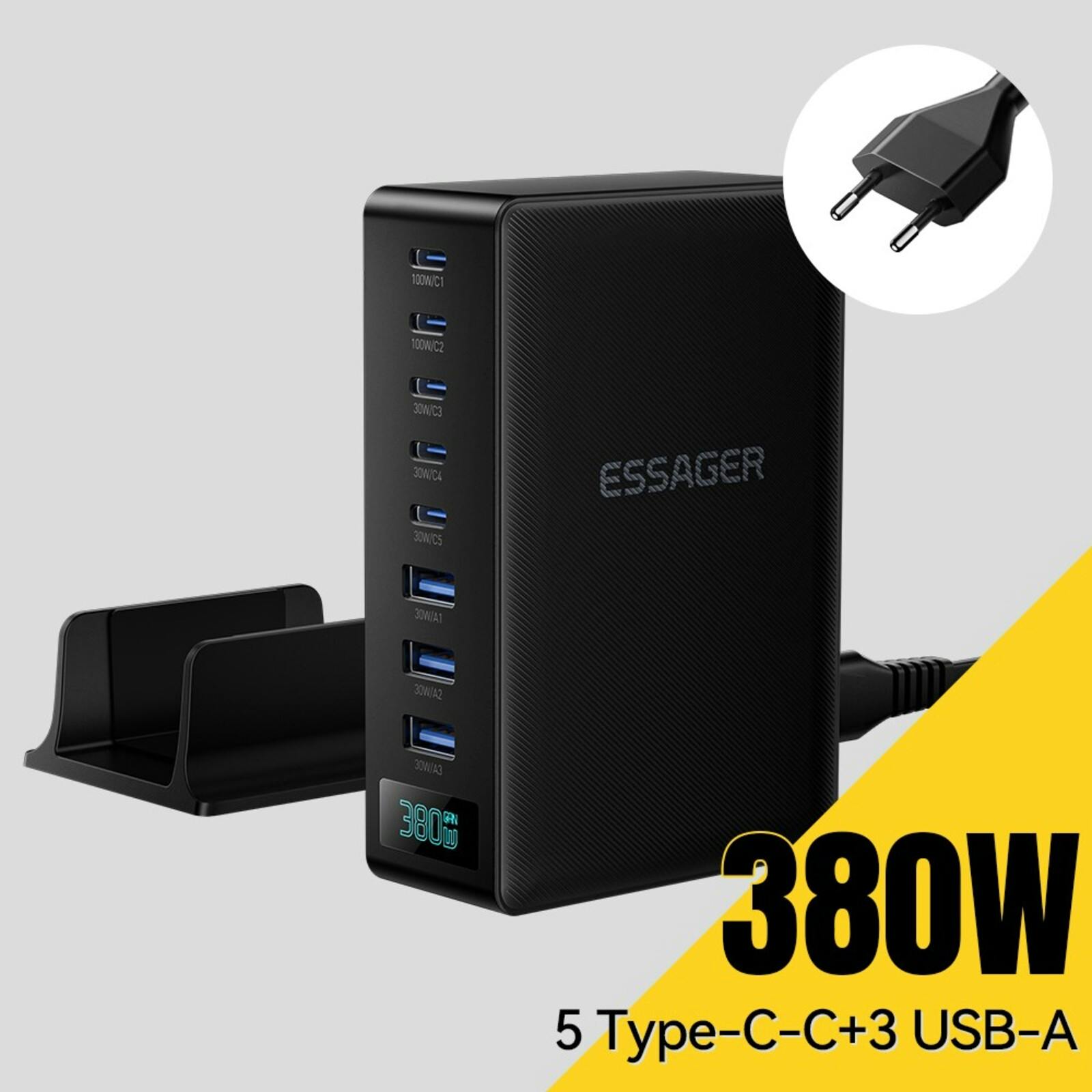 Essager 100W 5 USB-C + 3 USB-A Fast Charger Zwart