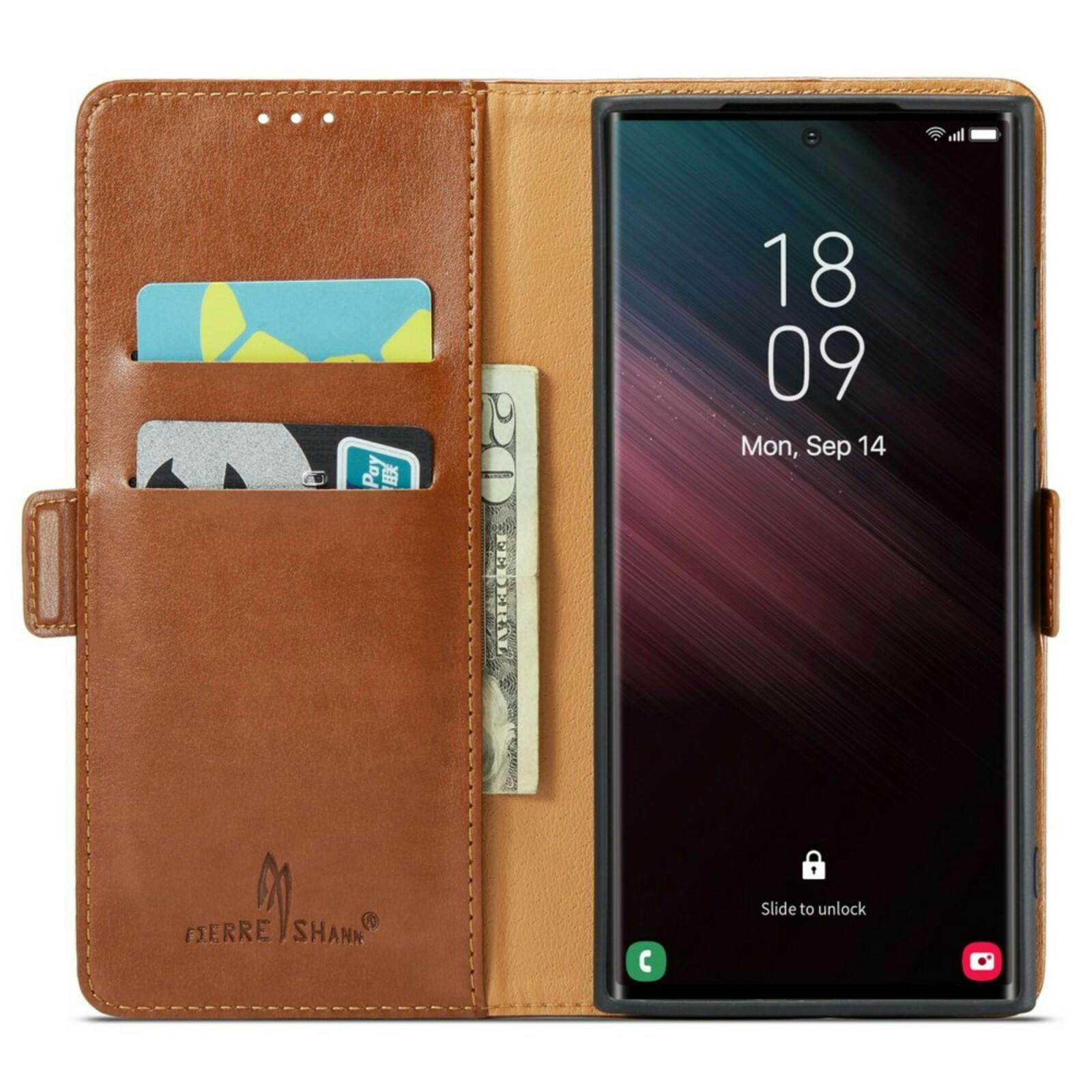 Fierre Shann Samsung Galaxy S24 Ultra Slim Wallet Hoesje Bruin