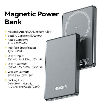 Essager 5000mAh 8mm Ultra Slim MagSafe Wireless Powerbank Zwart 5.000 mAh