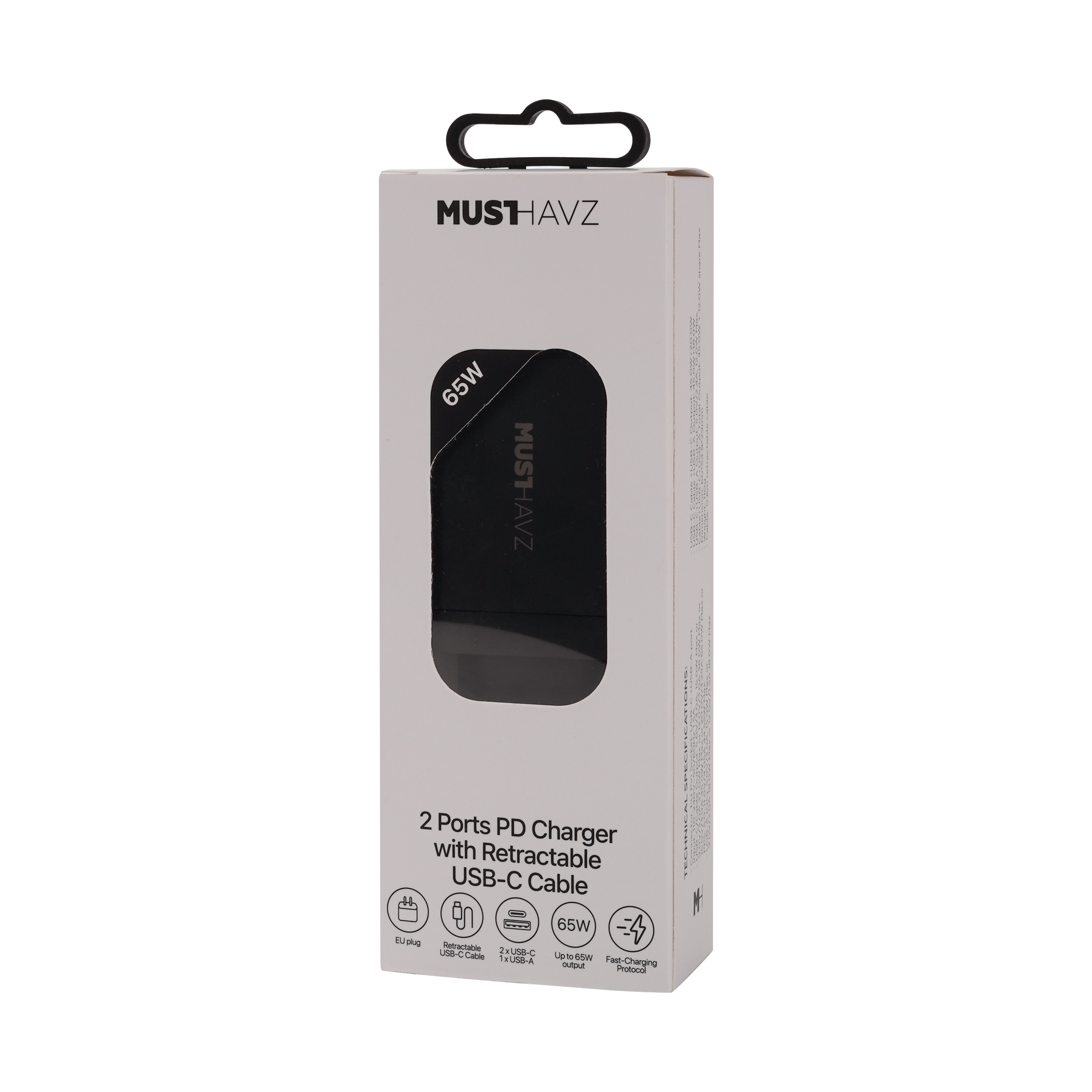 Musthavz 2-Poorts PD Snellader 65W met Uitschuifbare Kabel Zwart