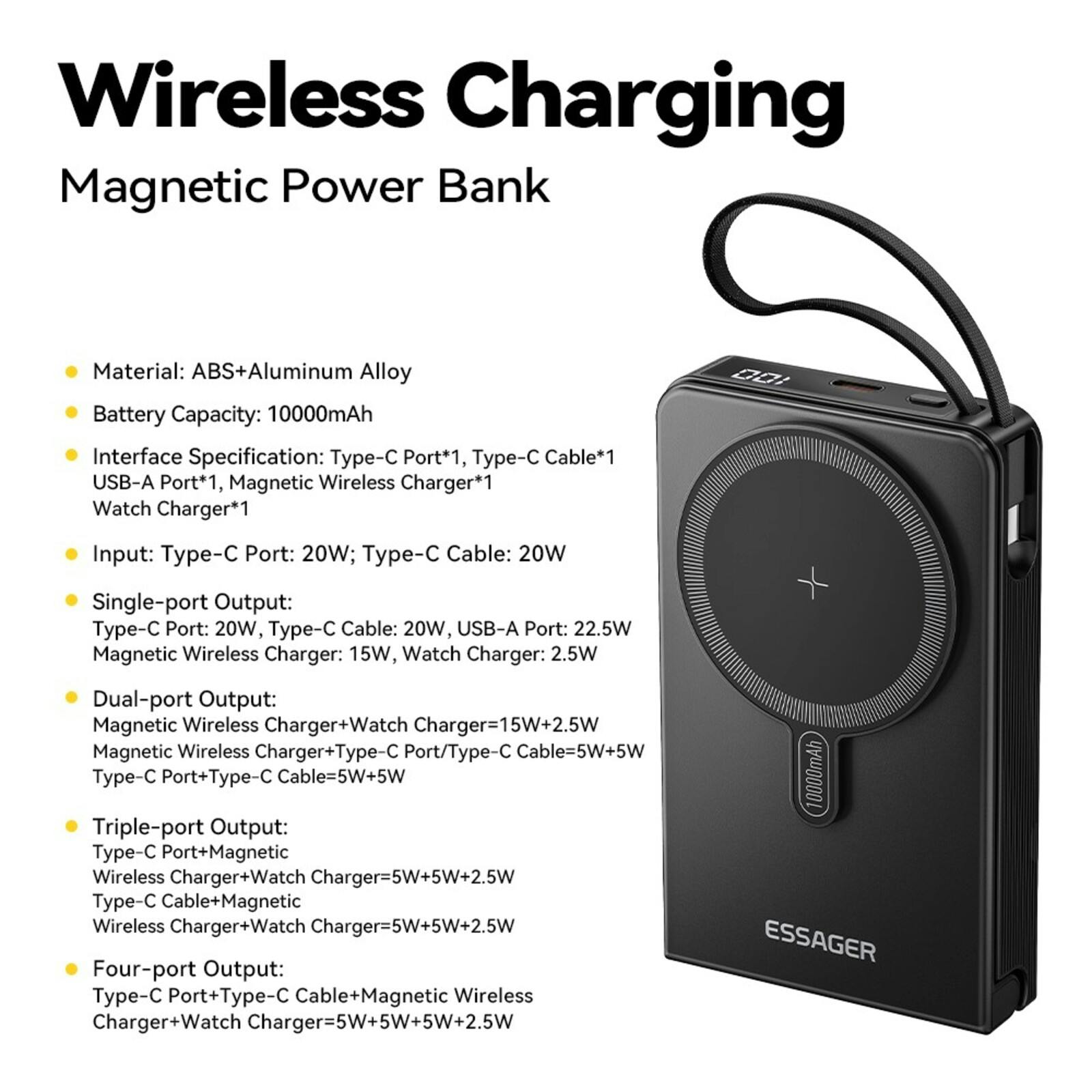 Essager 10.000mAh Versatile Snap and Charge Powerbank Zwart 10.000 mAh