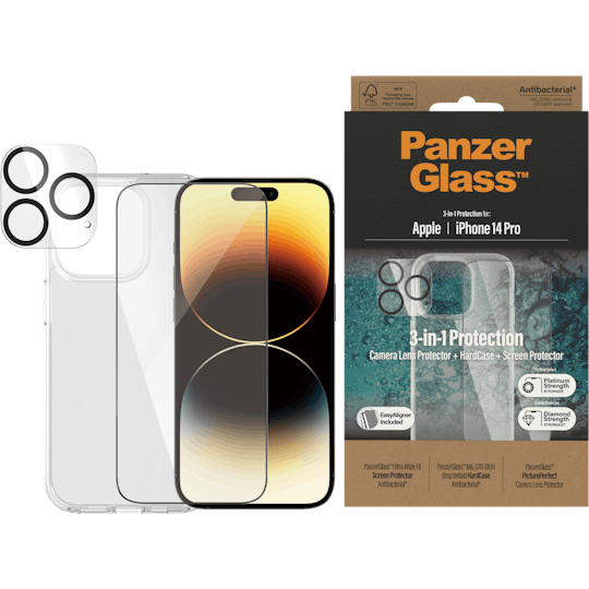 PanzerGlass iPhone 14 Pro Bundel Hardcover + Screenprotector + Glazen Camera Screenprotector - Voorkant