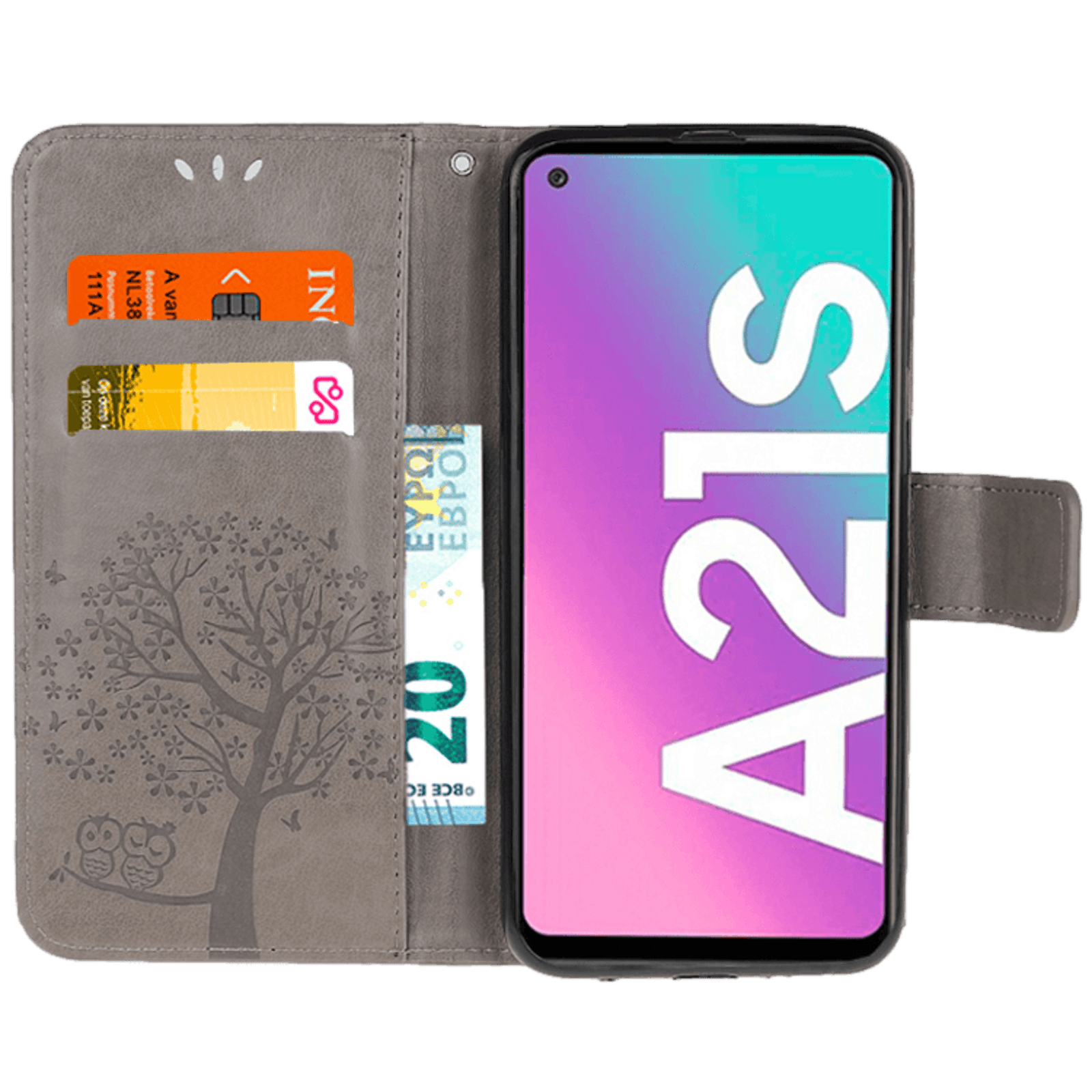 Comfycase Samsung Galaxy A21s Bookcase Hoesje Uiltjes Grijs