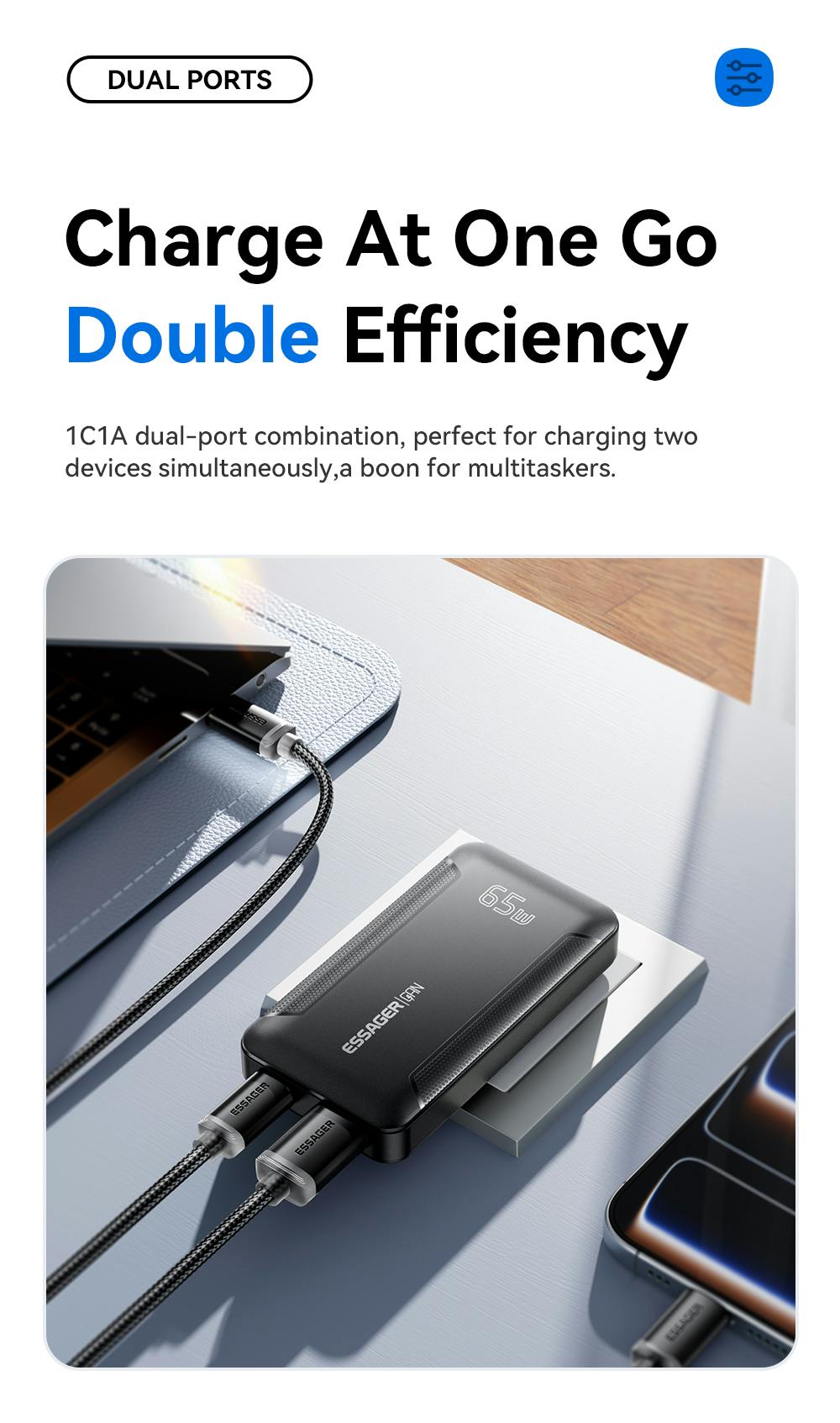 Essager Ultradunne USB-A + USB-C Reislader 65W Zwart