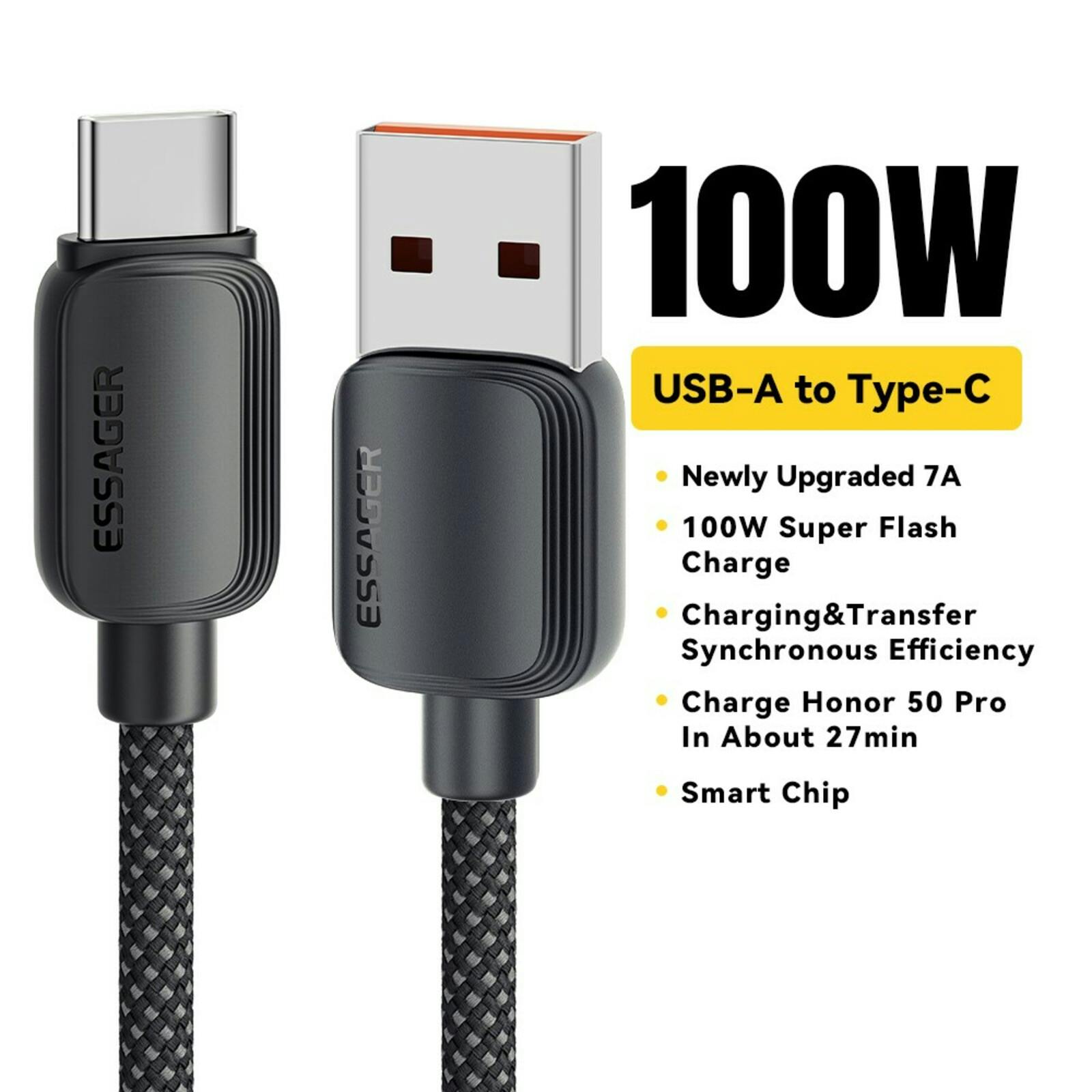 Essager 100W(!) Smartphone en Laptop Data + Oplaadkabel USB-A naar USB-C Zwart 1m