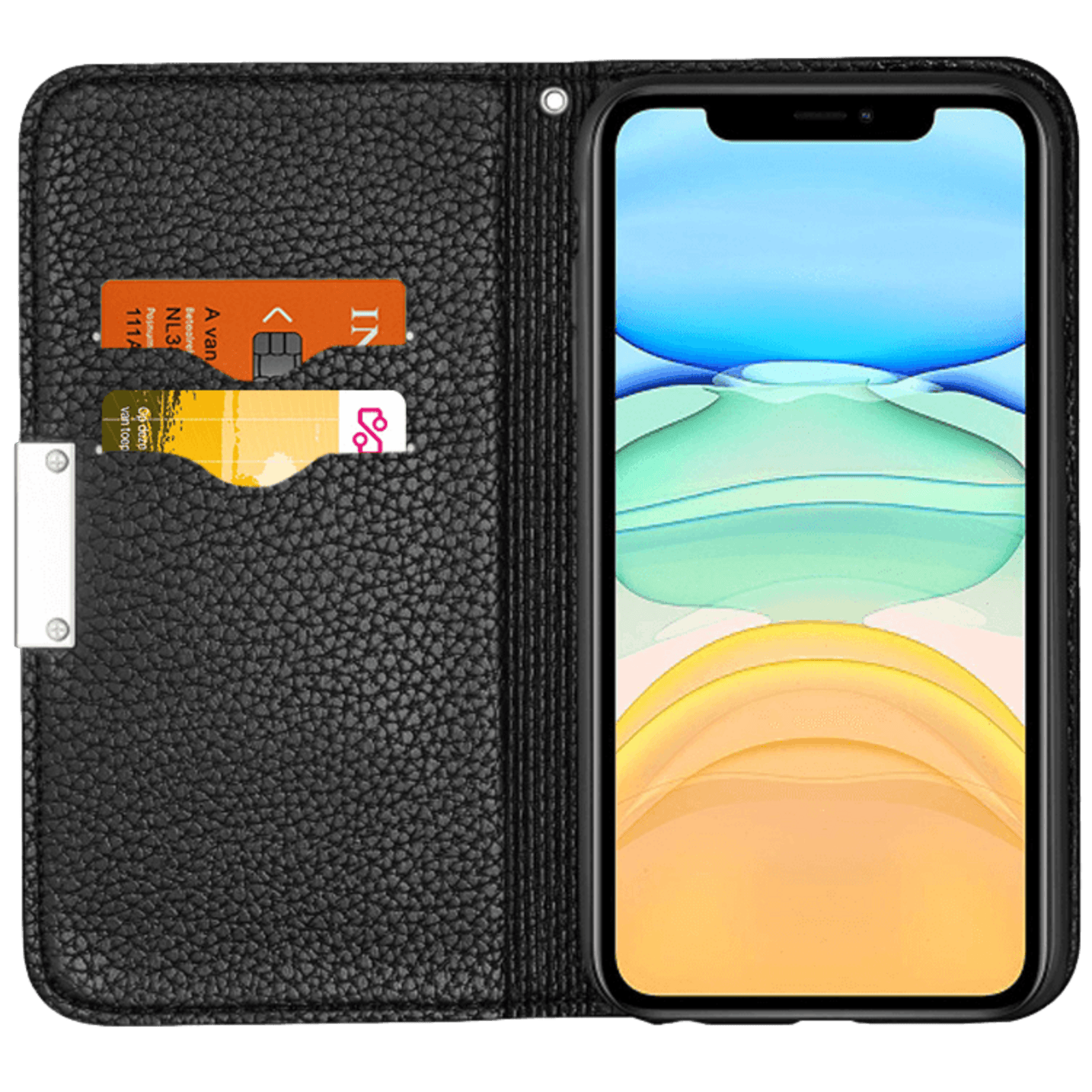 Fashion iPhone 12 (Pro) Litchi Wallet Hoesje Zwart