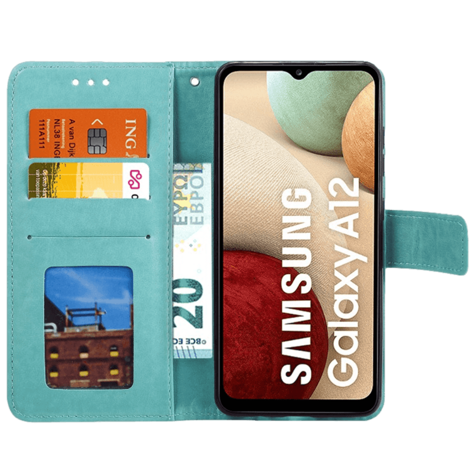 Comfycase Samsung Galaxy A12 Hoesje voor Pasjes Gravure Groen