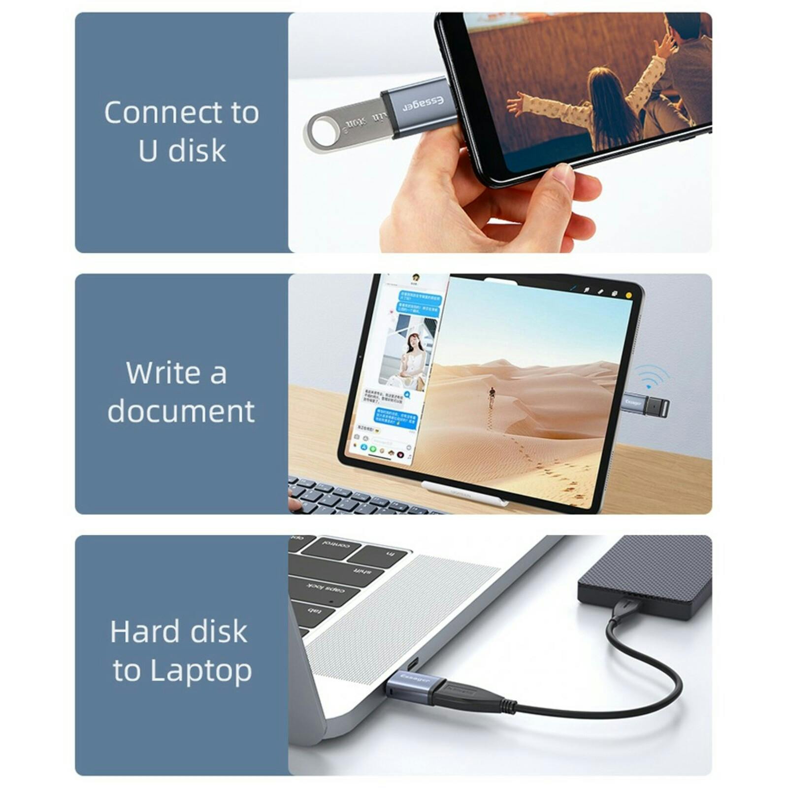 Essager USB-A naar USB-C Adapter Grijs