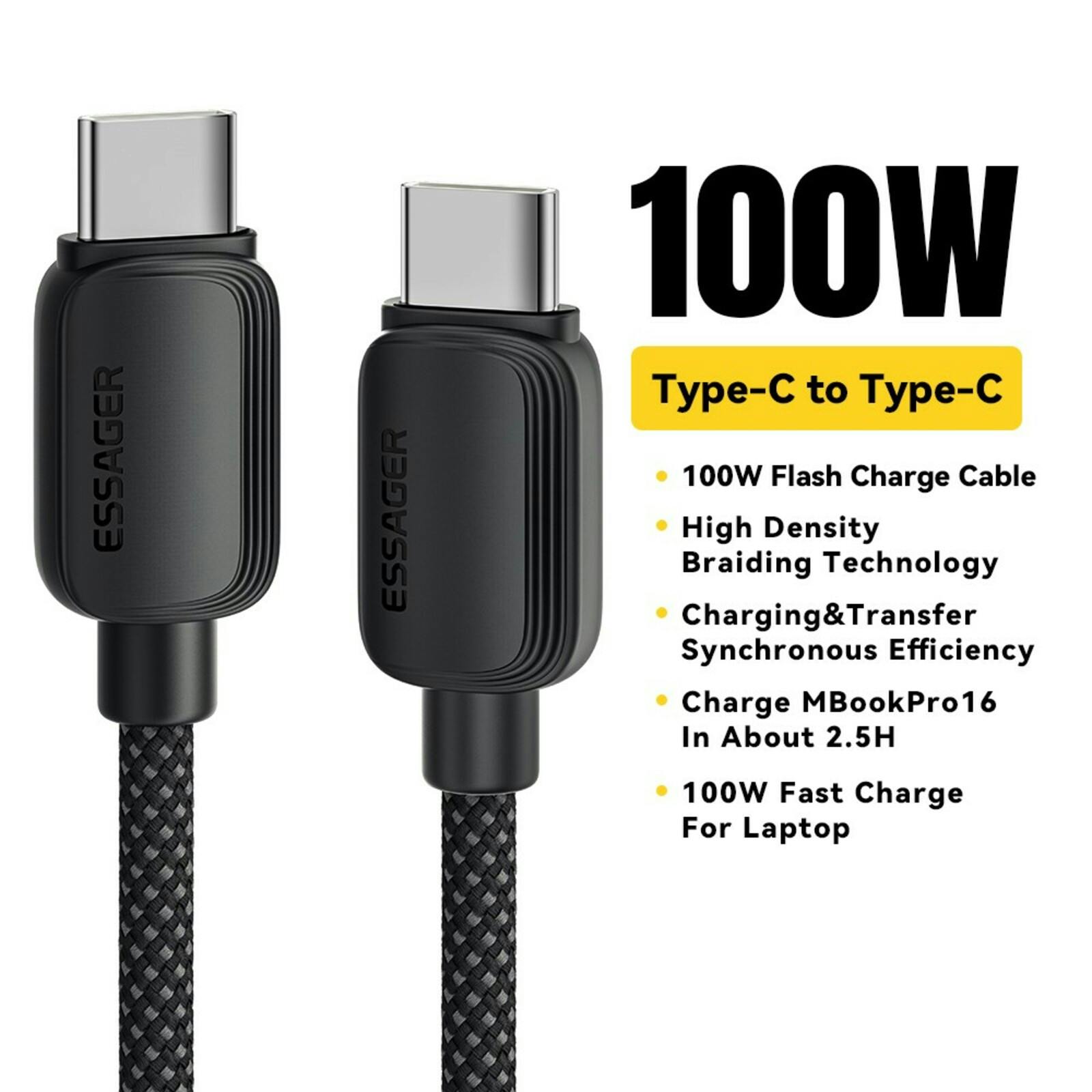 Essager 100W(!) Smartphone en Laptop Data+Oplaadkabel USB-C naar USB-C Zwart 2m