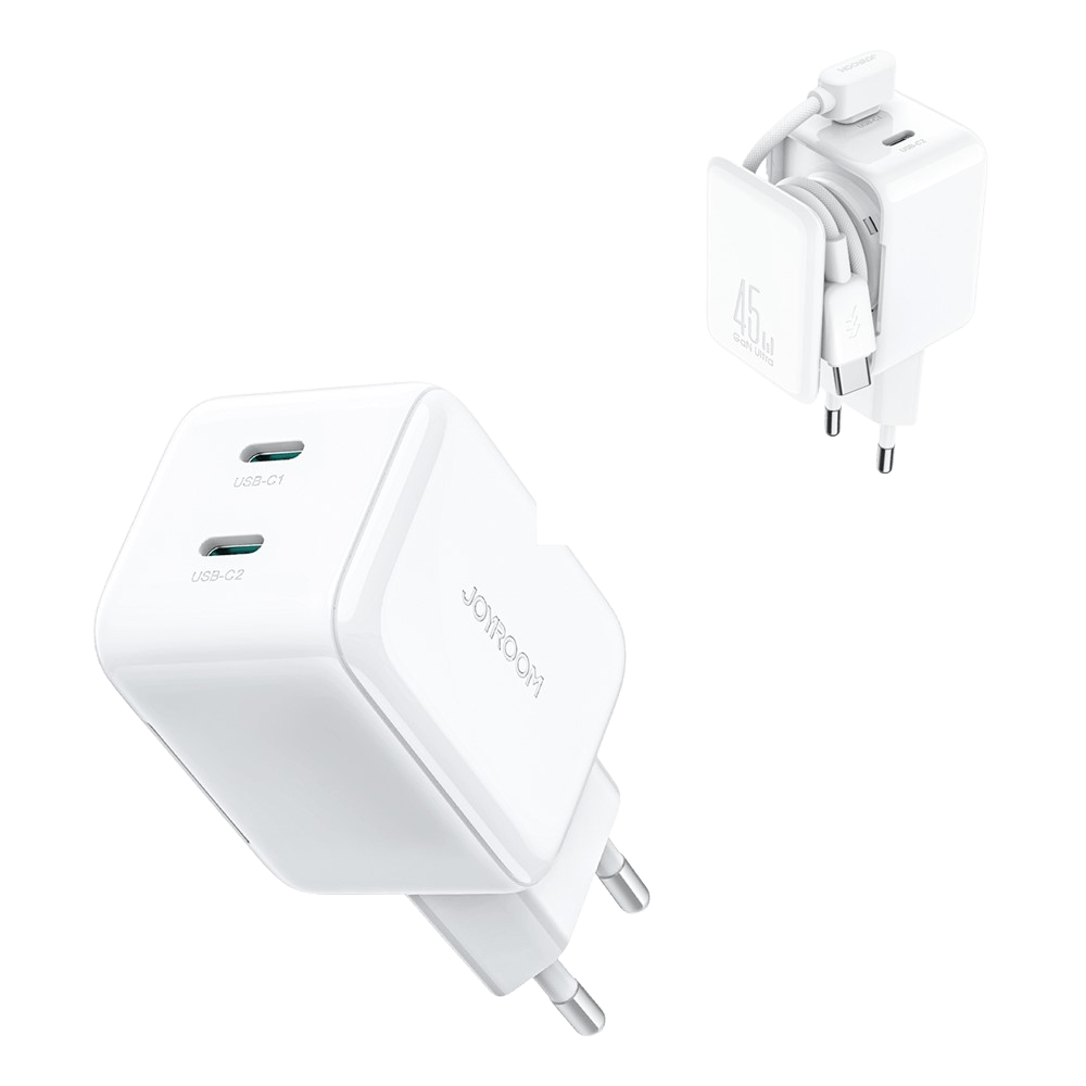 Joyroom 45W Dual-Port GaN Oplader met Ingebouwde Kabel Wit