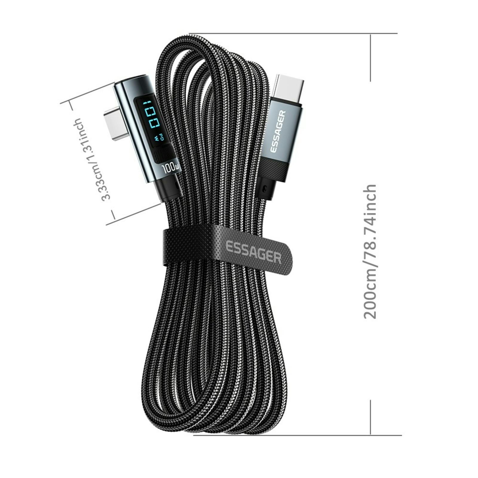 Essager 100W USB-C to USB-C Digital Display Elbow Data Cable Zwart 2m