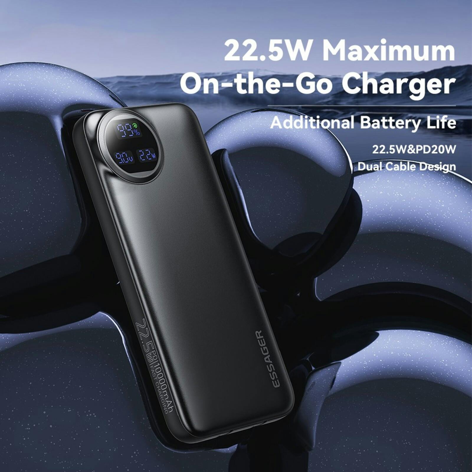 Essager 22.5W Universele Powerbank met Kabel Zwart 10.000 mAh