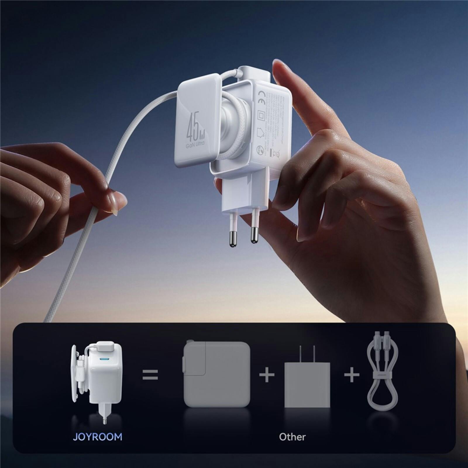 Joyroom 45W Dual-Port GaN Oplader met Ingebouwde Kabel Wit