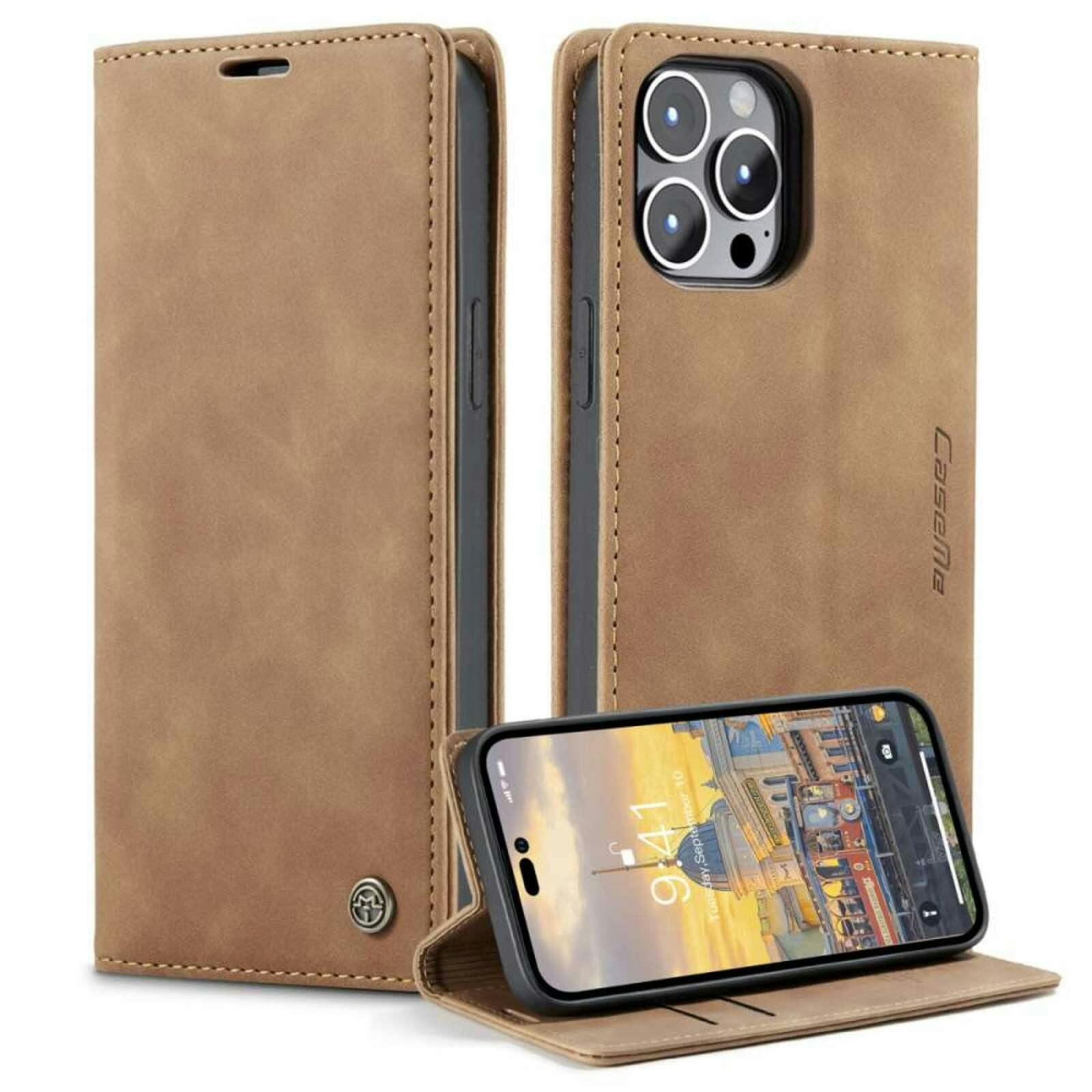 Caseme iPhone 14 Pro Retro Portemonnee Hoesje Bruin