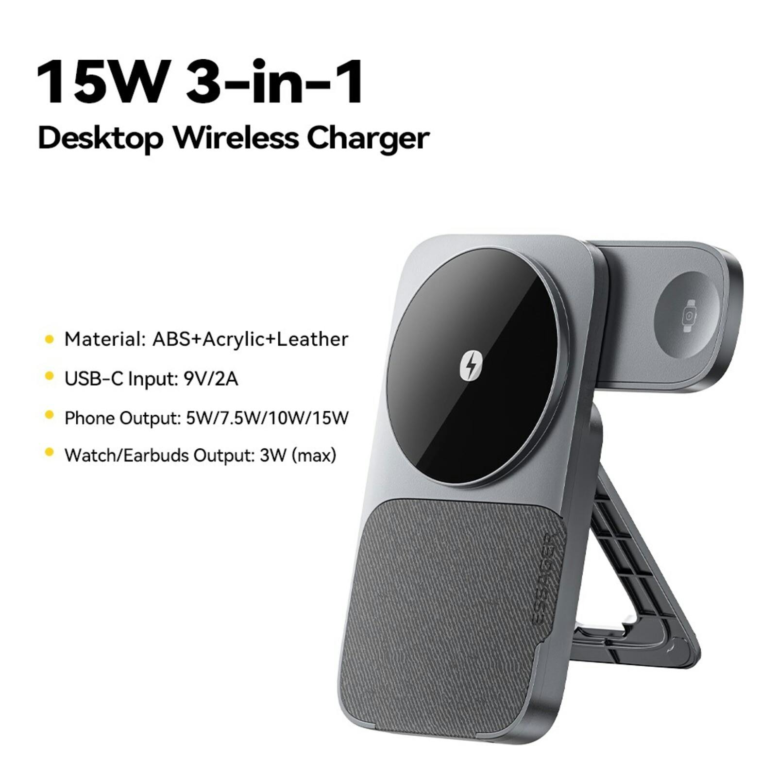 Essager 3-in-1 Opvouwbare Draadloze Oplader 15W met Standaard Grijs