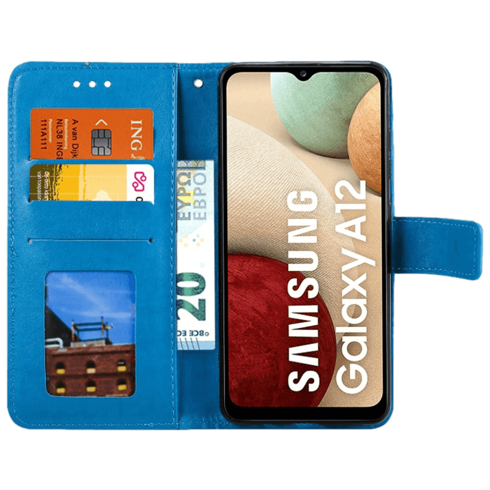 Comfycase Samsung Galaxy A12 Hoesje voor Pasjes Gravure Blauw