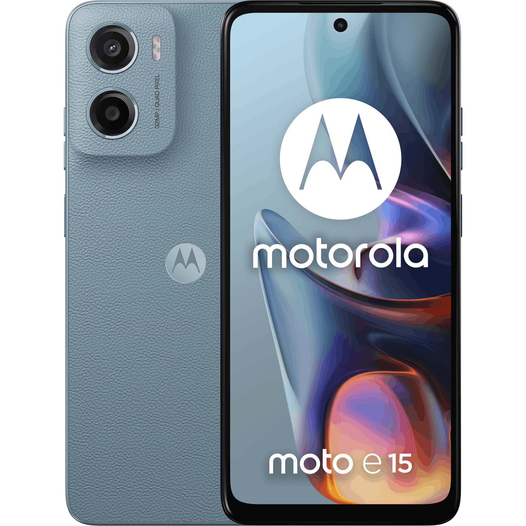 Motorola Moto E15 Misty Blue - Voorkant & achterkant
