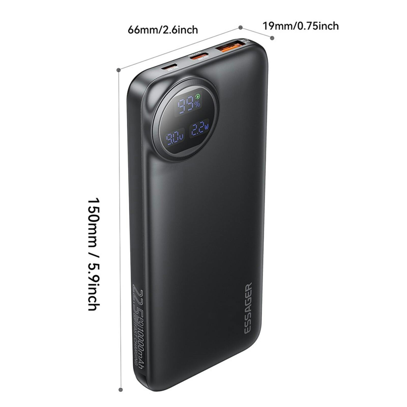 Essager 22.5W Universele Powerbank met Kabel Zwart 10.000 mAh