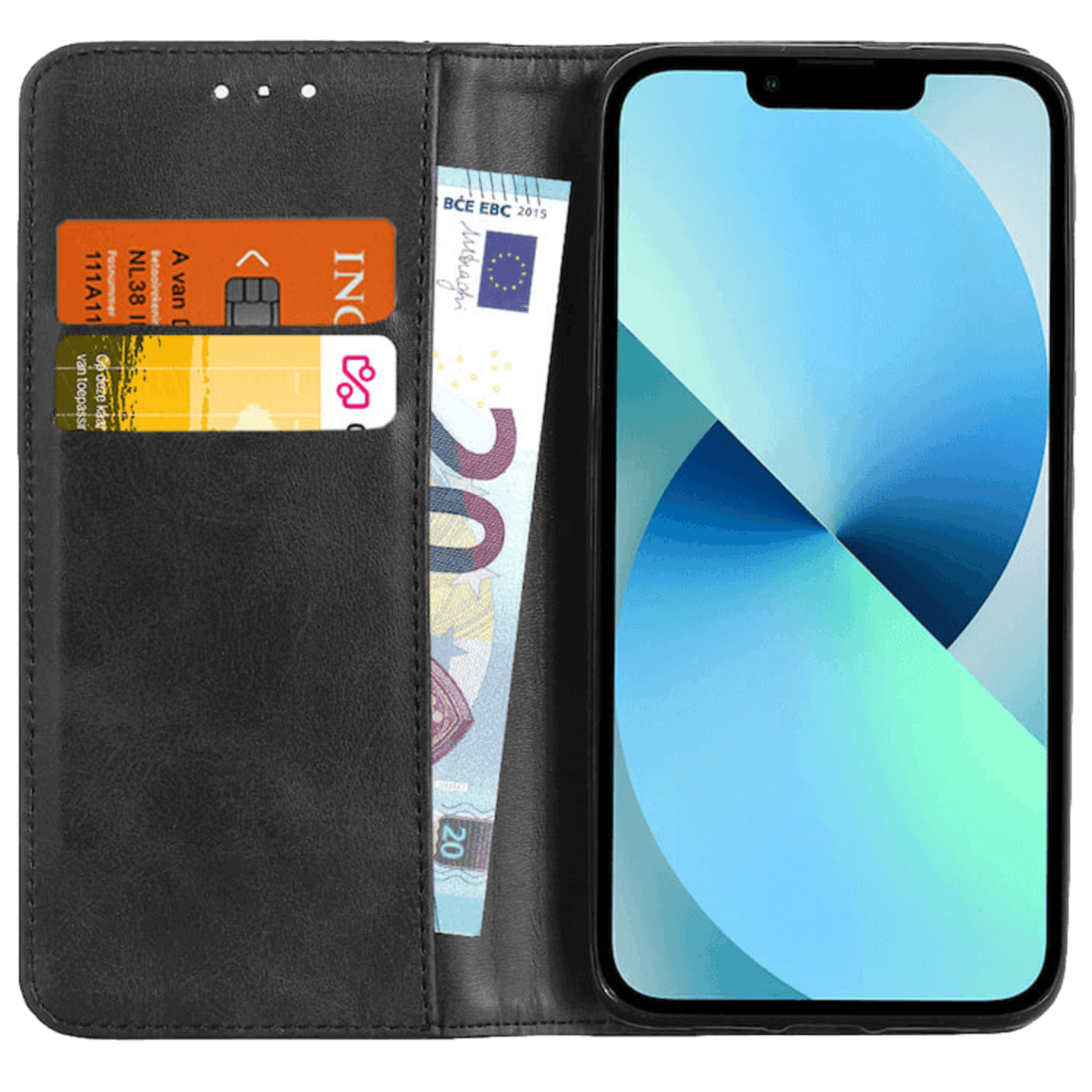 CaseBody iPhone 13 Fashion Real Leather Wallet Hoesje Zwart