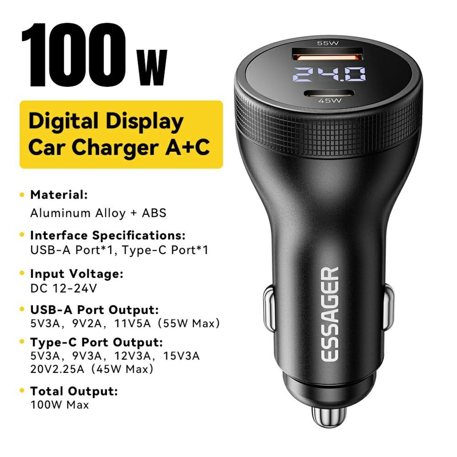 Essager 100W USB-A + USB-C Snellader met Display Zwart